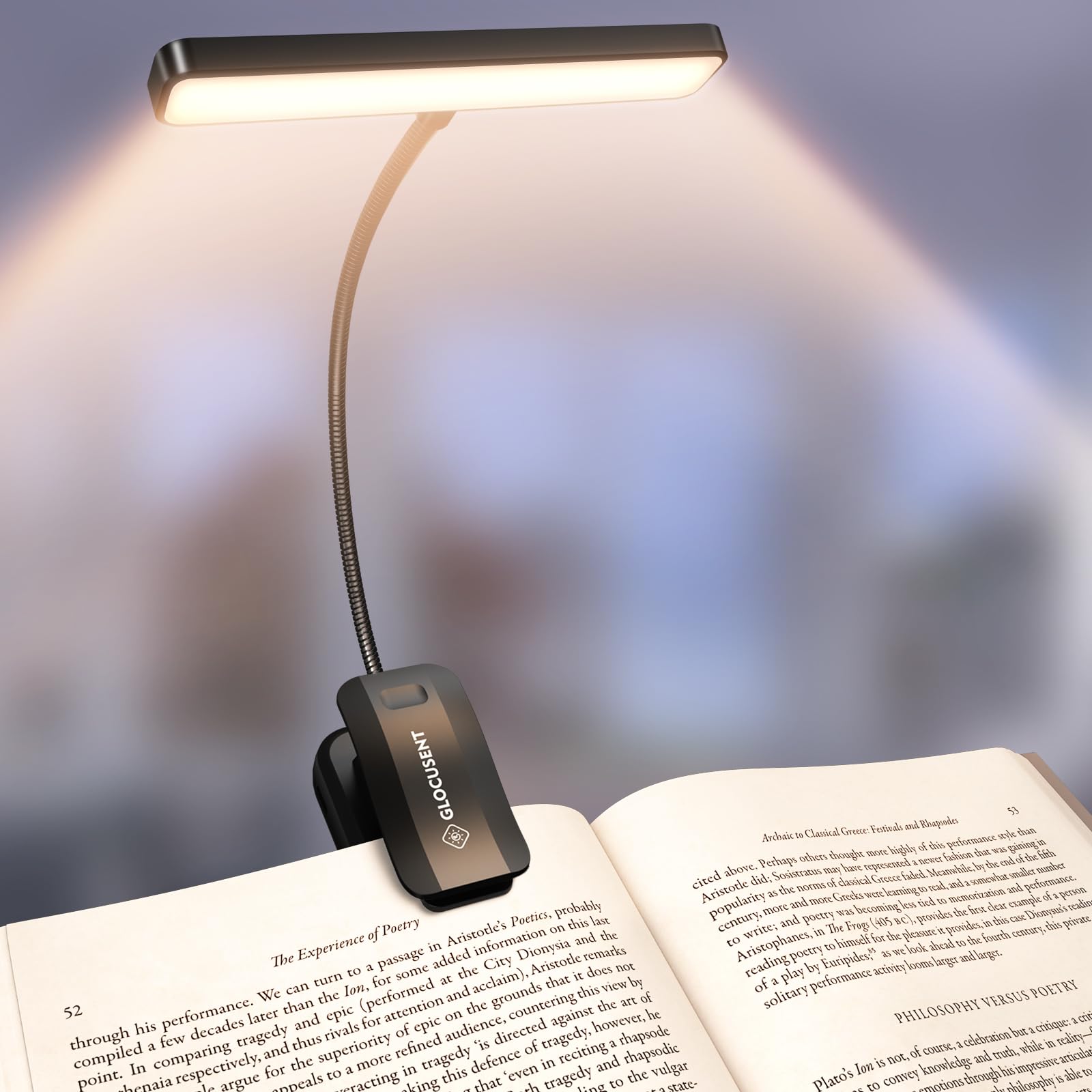 Glocusent 26 LED Book Light  1200 mAh 90 Hrs Lasting Rechargeable Reading Light  5 Amber Colors & Stepless Dimming Book Reading Light - Portable Clip on Light for Book Lovers Kids