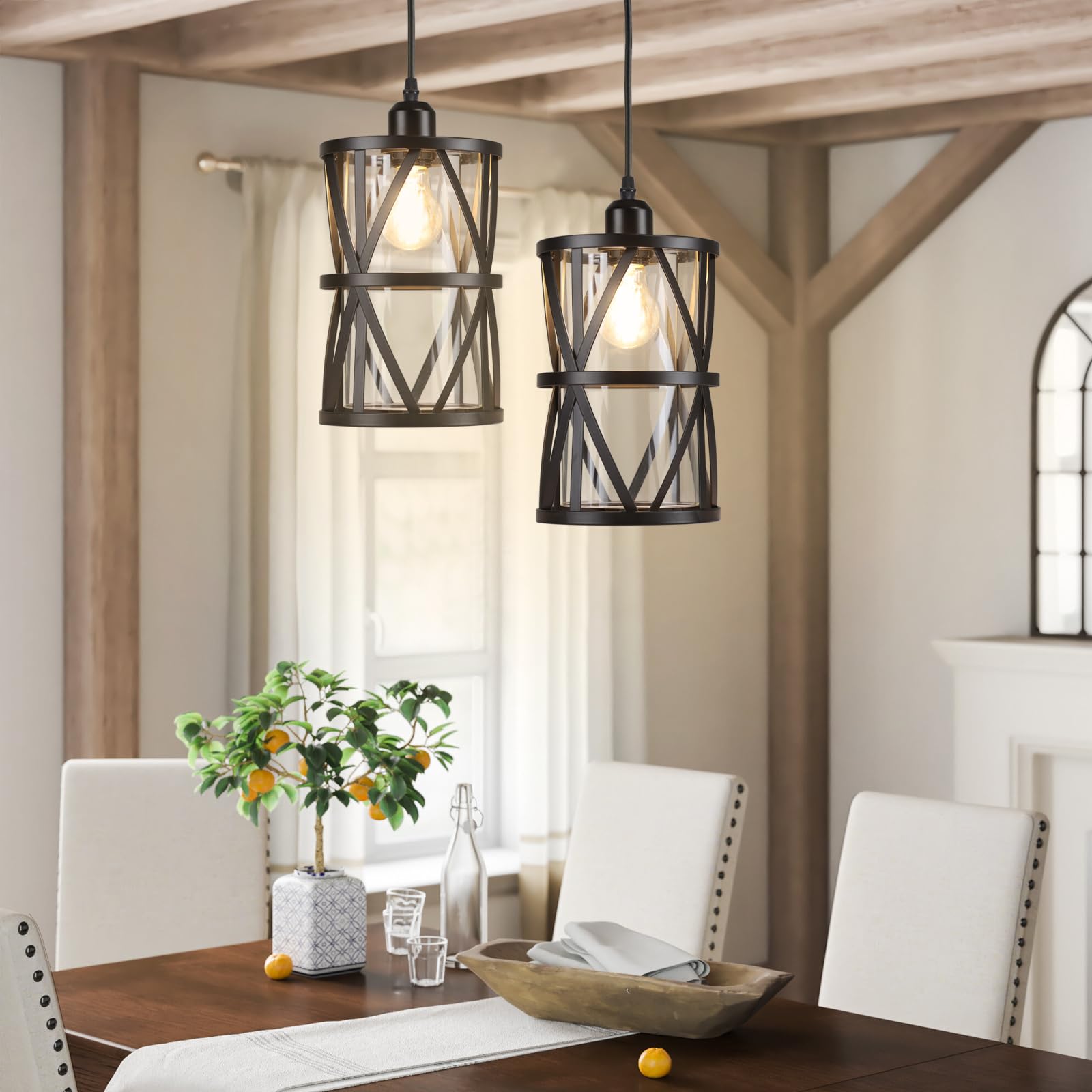 Dllt Industrial Plug In Pendant Light, Black Cage Glass Swag Lamp With Plug In Cord, Dimmable Hanging Light Fixtures For Kitchen