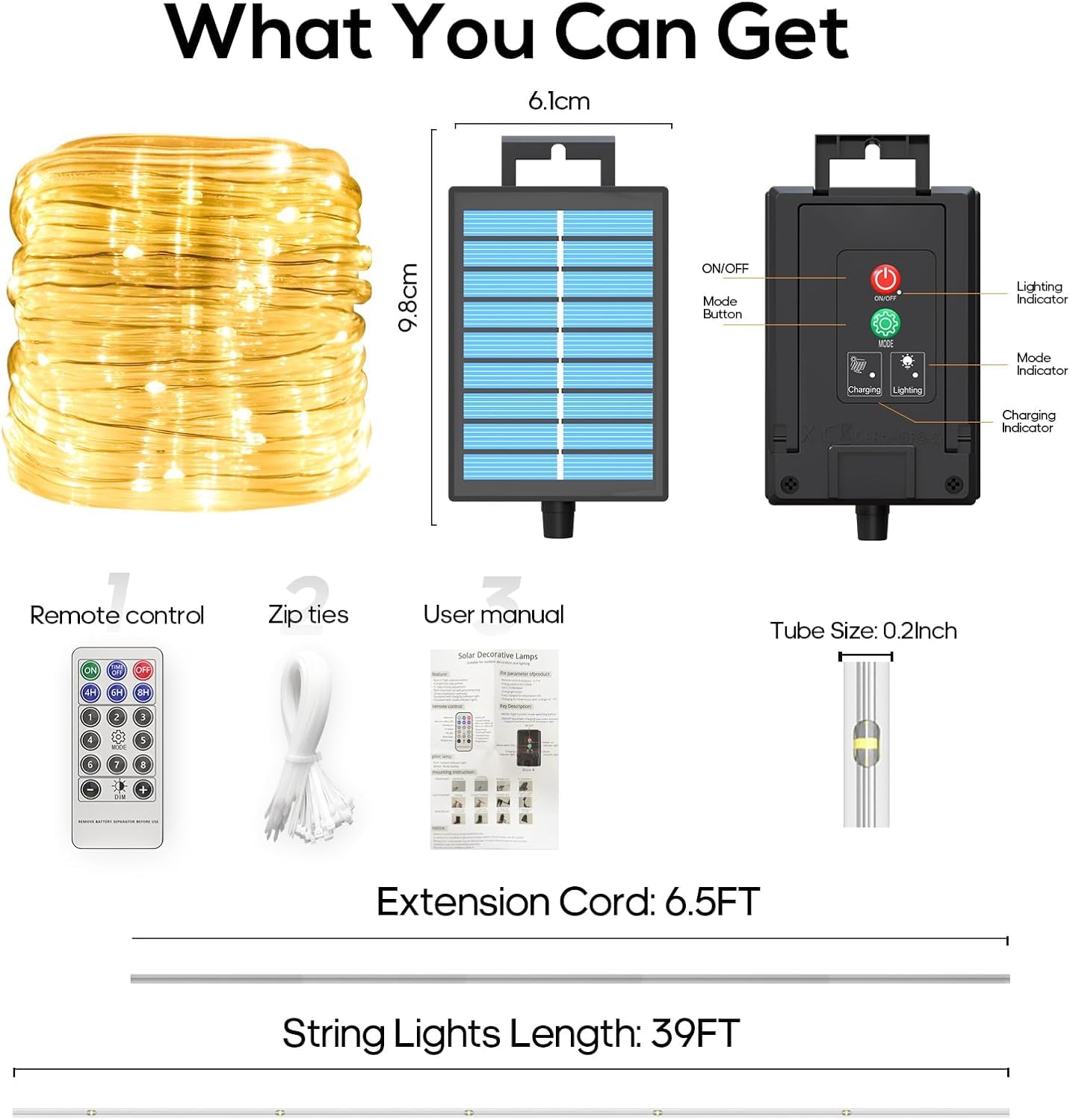 Icrgb Solar Rope Lights Outdoor  39Ft 100 Led Solar Rope Lights Ip67 Waterproof  8 Modes  Outdoor Patio Porch Tree Wedding Christmas Pool Garden Decorative -Warm White