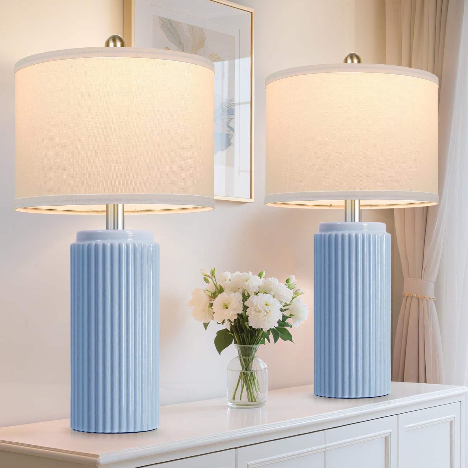 TOBUSA 23.5 Sky Blue Farmhouse Table Lamps for Living Room Set of 2  Modern Elegant Ceramic Bedside Nightstand Lamps with White Linen Shade for Bedroom  Coastal Lamps Set for Study Home Office