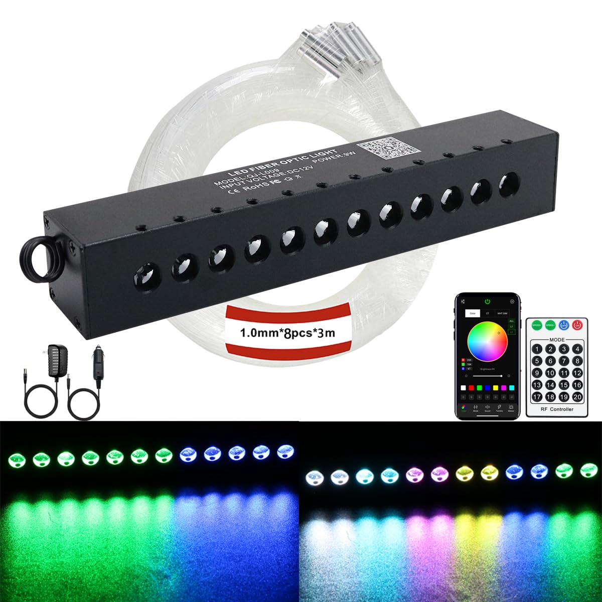 AZIMOM RGB 12LED Meteor Shooting Star Kits 96pcs 0.04in 9.8ft Colorful Shooting Star Fiber Optic Meteor Kits for Car Home Roof C