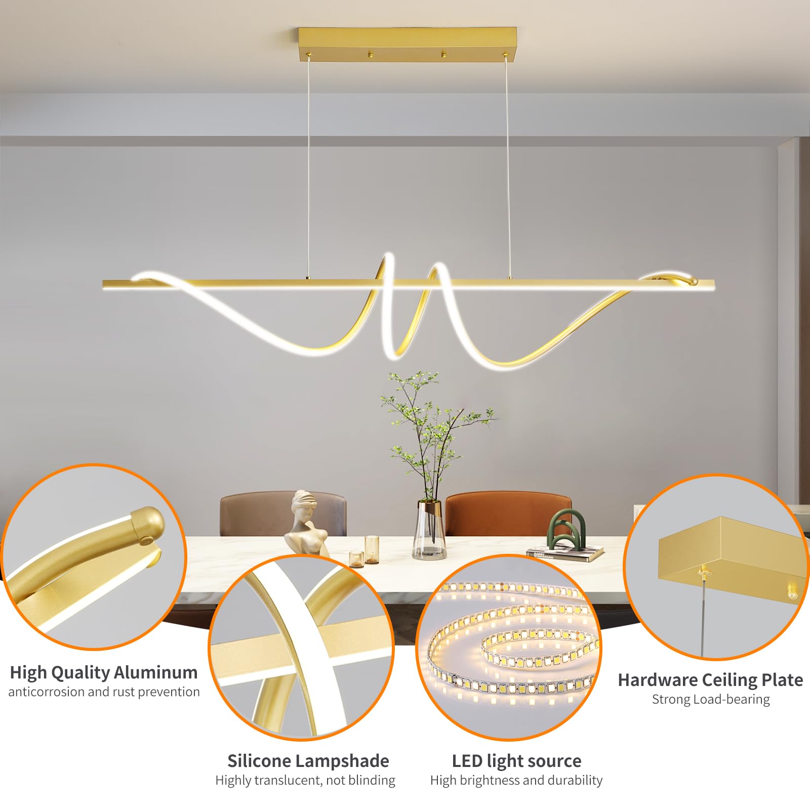 Mikeru Modern LED Pendant Light, Dimmable Chandelier, 47in, Aluminum, Gold, Model LX, Adjustable Color Temperature 3000K-6500K