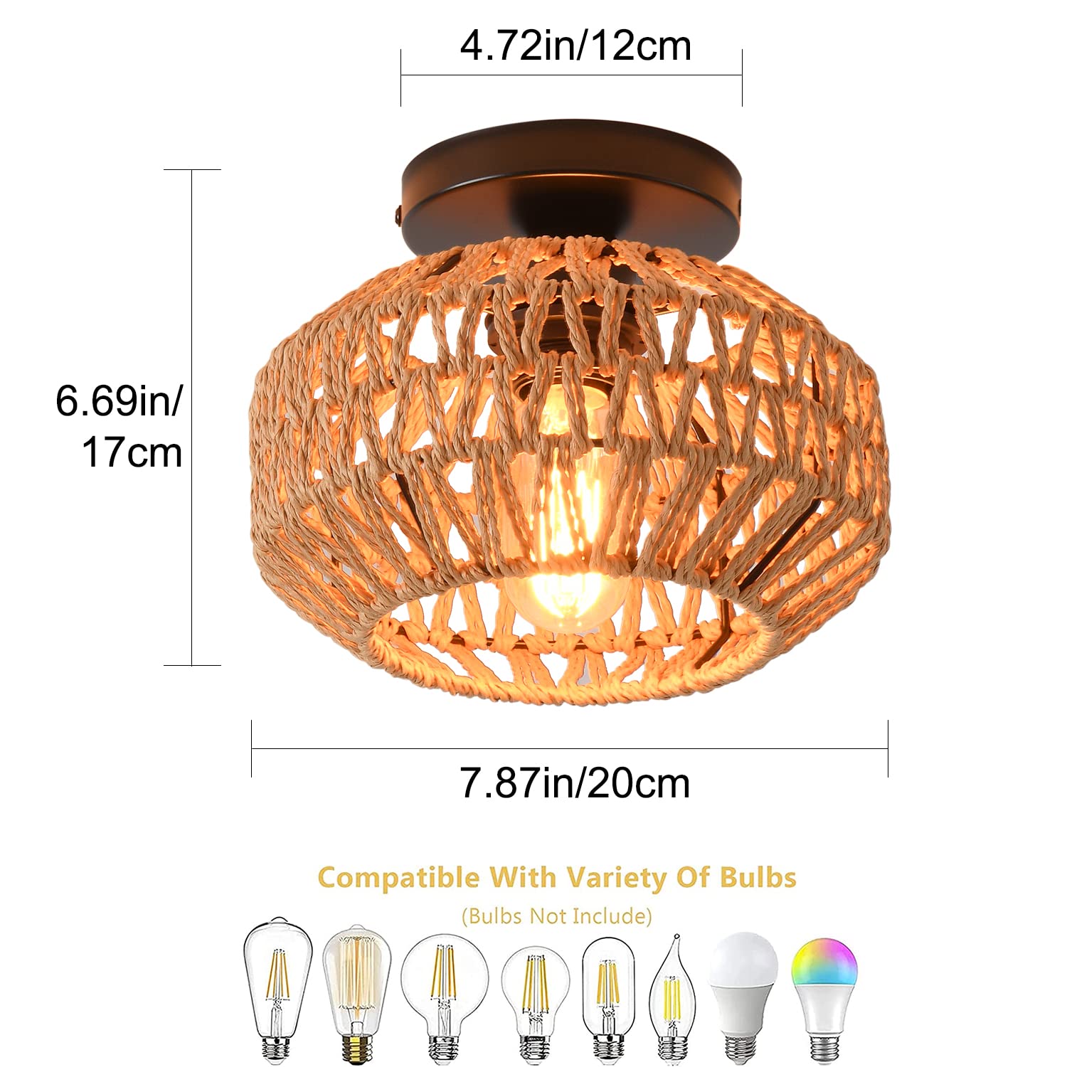 Ihengyanlt 1 Pack Farmhouse Light Fixtures Ceiling Mount,Mini Rattan Boho Semi Flush Mount Ceiling Light,Hand Woven Hallway Light Fixtures For Bedroom Entryway Nursery Study Room
