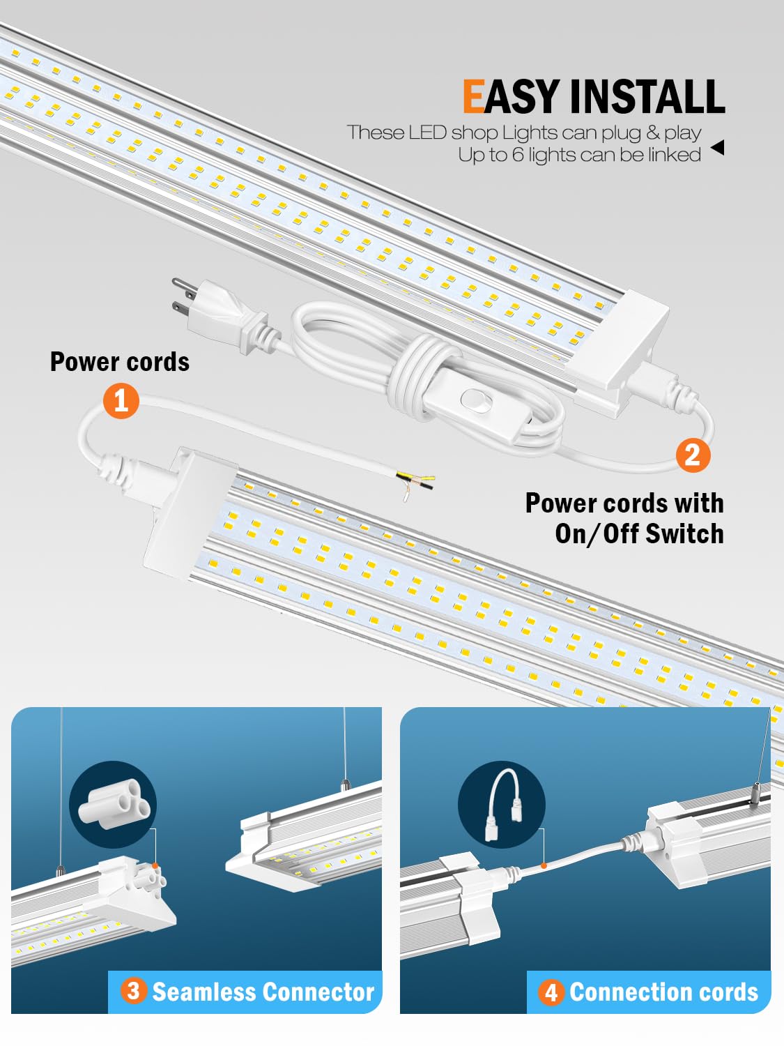 Elekico Super Bright 60W Hanging/Surface Mount 10000Lm 5000K Linkable 4Ft Led Shop Light With Plug,Ac100-277V 4' Led Shop Light