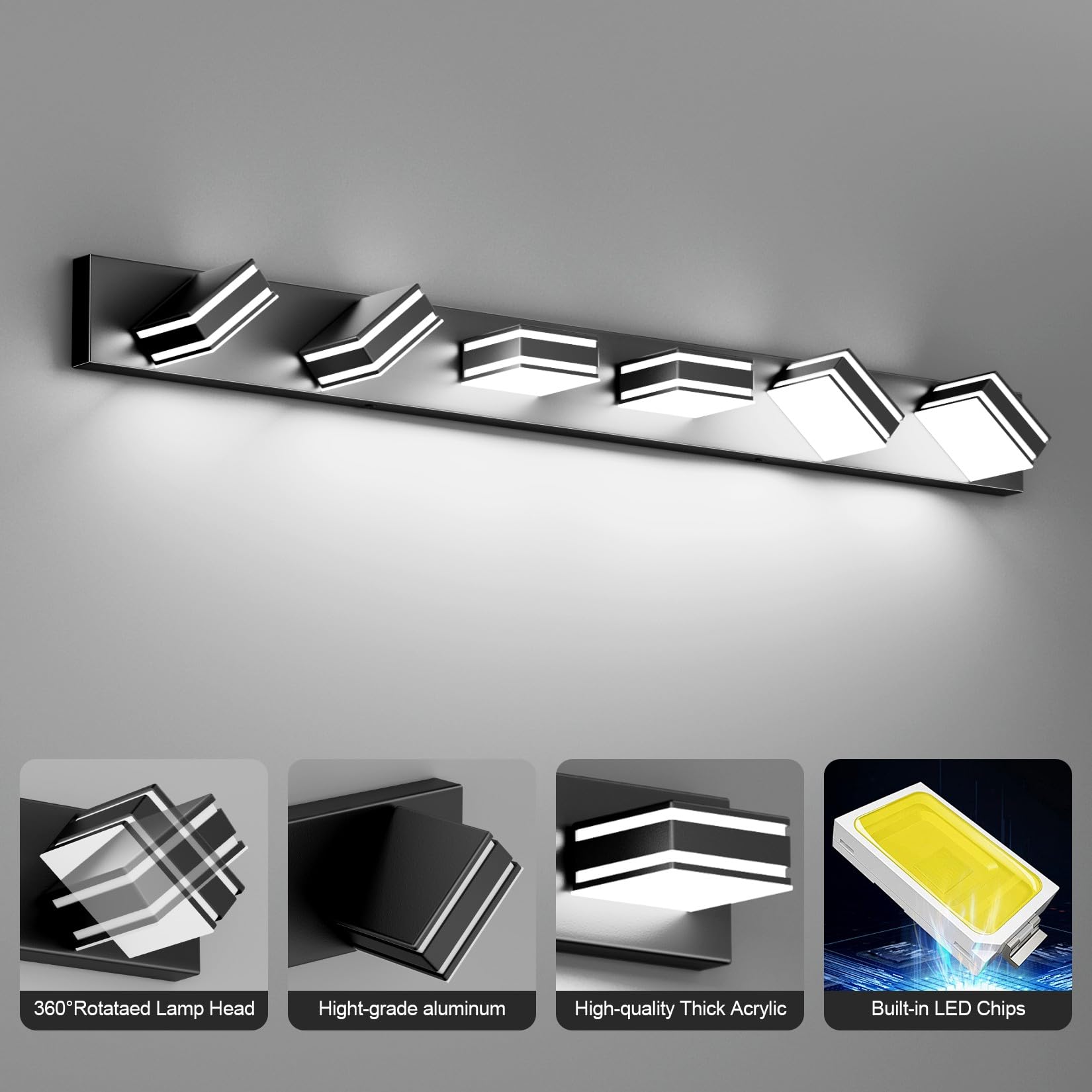 Ralbay 48Inch Modern Led Vanity Light For Bathroom 6-Light Acrylic Modern Led Matte Black Bathroom Wall Vanity Lighting Fixtures