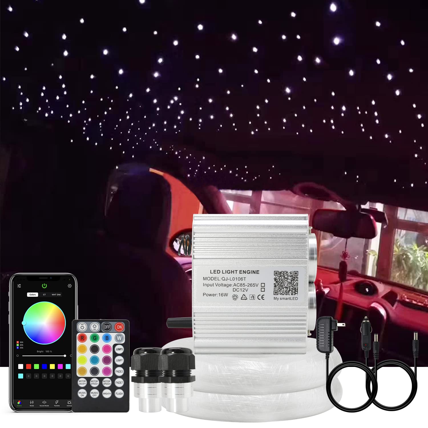 Akepo 16W Dual Head Twinkle Fiber Optic Lights Kit, Car Home Use Star Ceiling Sky Light Rgbw Twinkle App Control Music Activated