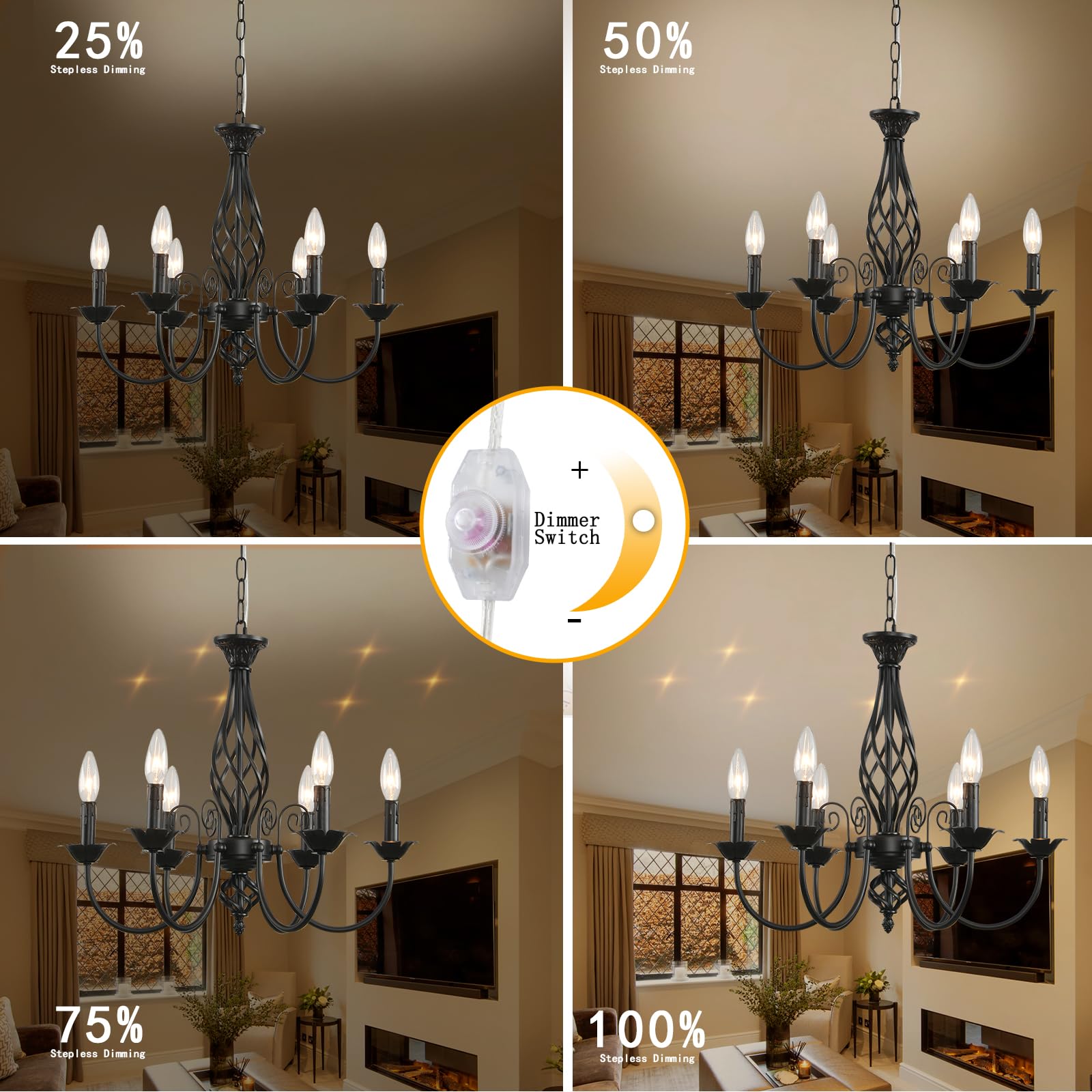 Hoxiya 6-Light Dimmable Black Farmhouse Chandelier For Living Room, Dining Room, Kitchen