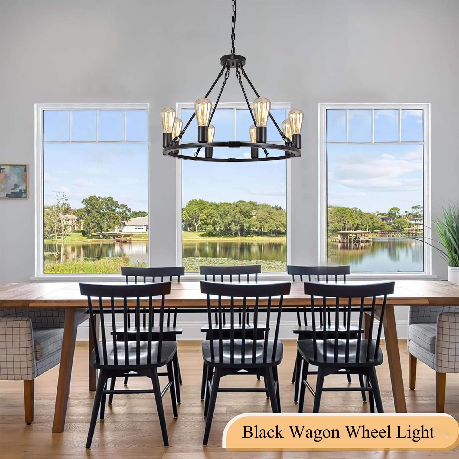 Rviezza 8 Lights 23.6'' Wagon Wheel Chandelier, Farmhouse Chandelier, Rustic Vintage Round Farmhouse Pendant Lighting, Black Met