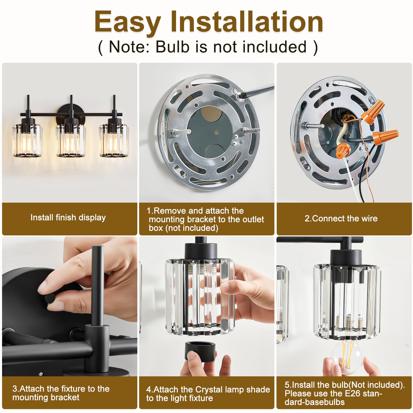 EJIAXIN 3 Light Black Crystal Vanity Light Fixture, Modern Wall Sconce for Bathroom and Bedroom, Metal, Model 7003
