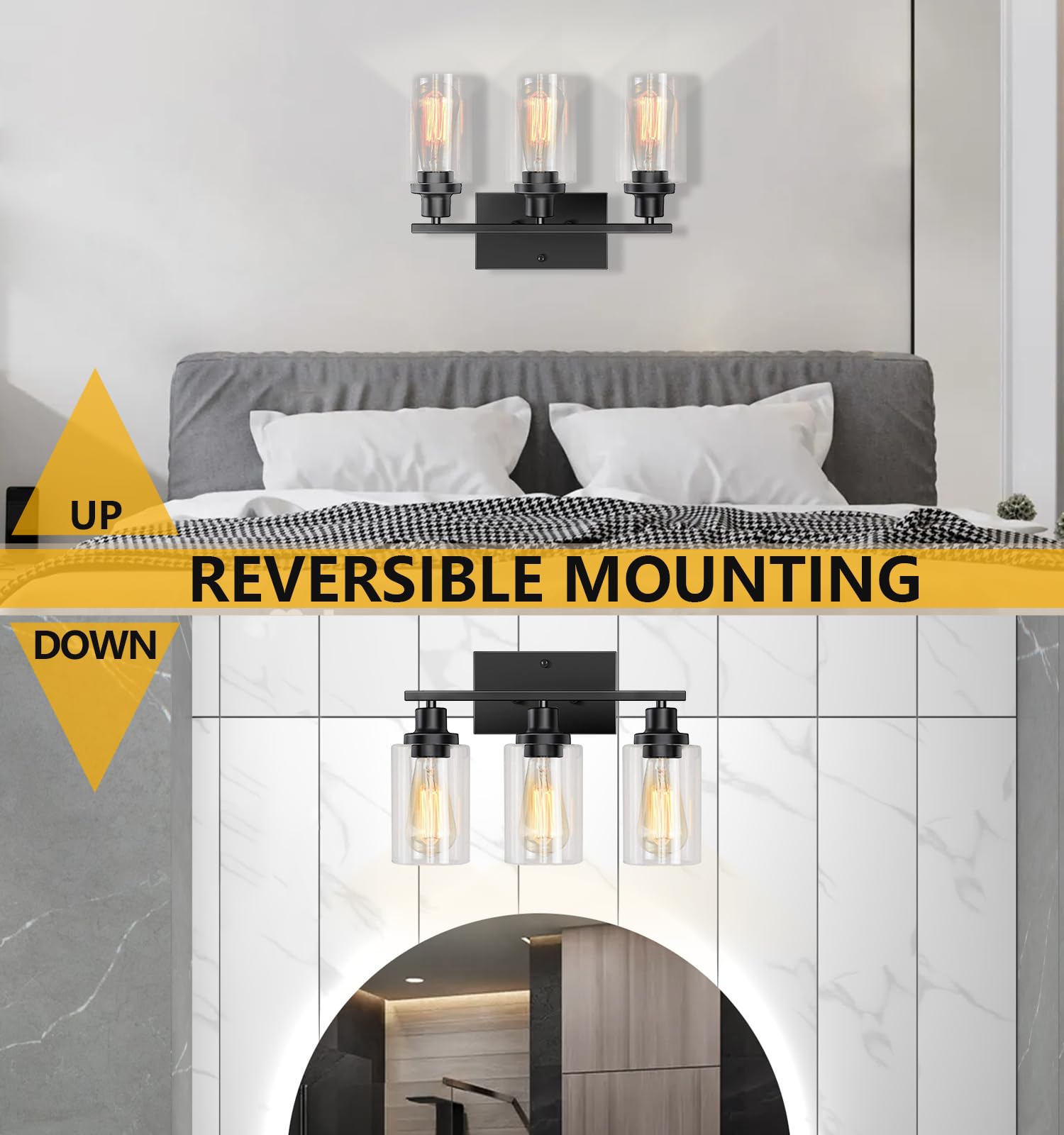 Maichixin 3-Light Vanity Lights, Matte Black Metal Wall Lamp with Clear Glass Shade, Modern Design for Bathroom, Living Room, Hallway