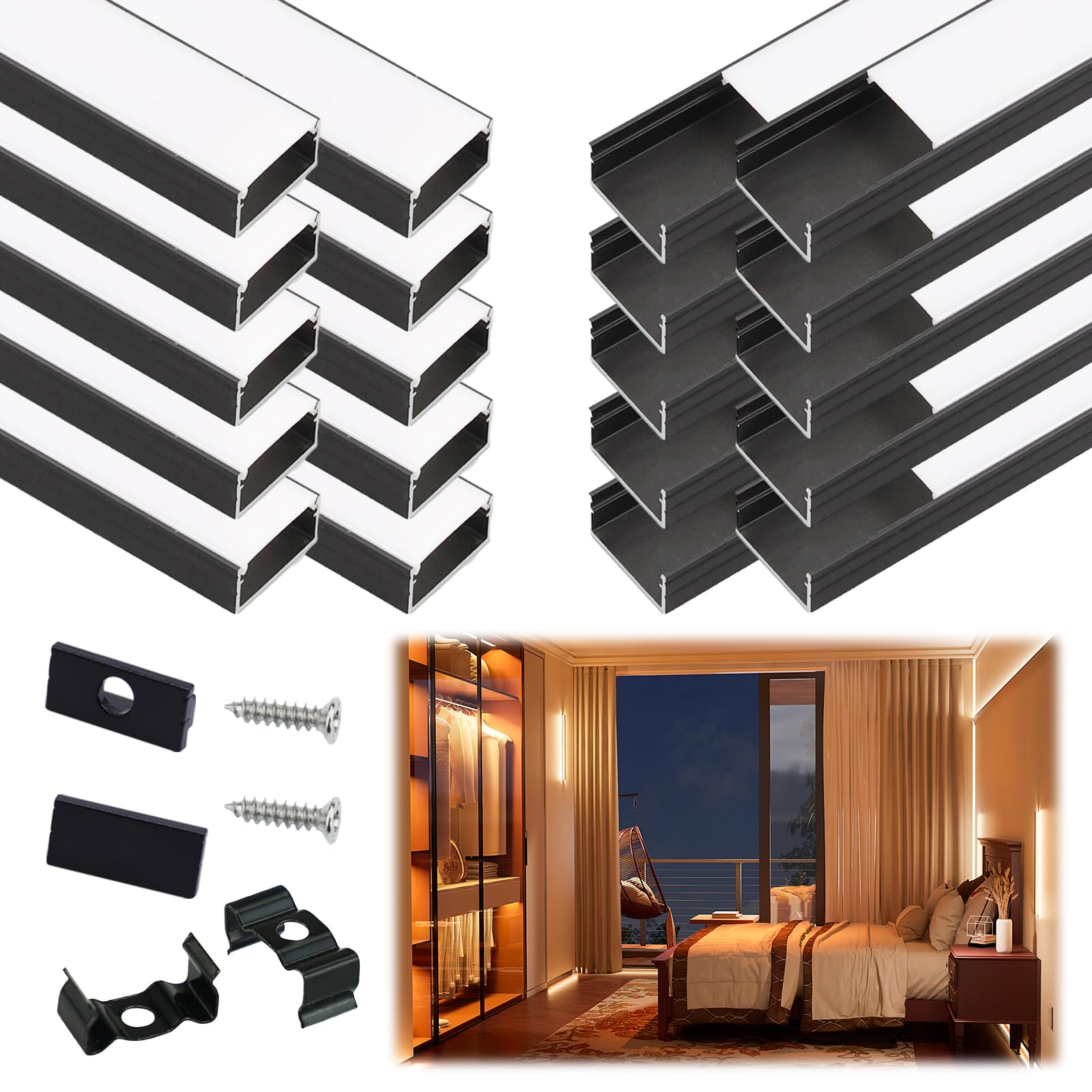 Muzata 20Pack 6.6FT/2M Wider LED Channel System with Milky White Cover Black Aluminum LED Strip Channel for Waterproof LED Strips up to 16mm U102 BW