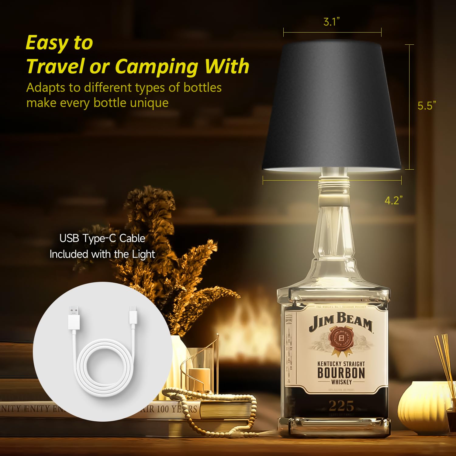 Hoide Wireless Bottle Lamp - LED Night Light Kit, Rechargeable RGB, 5.7in, Plastic, RGB Black