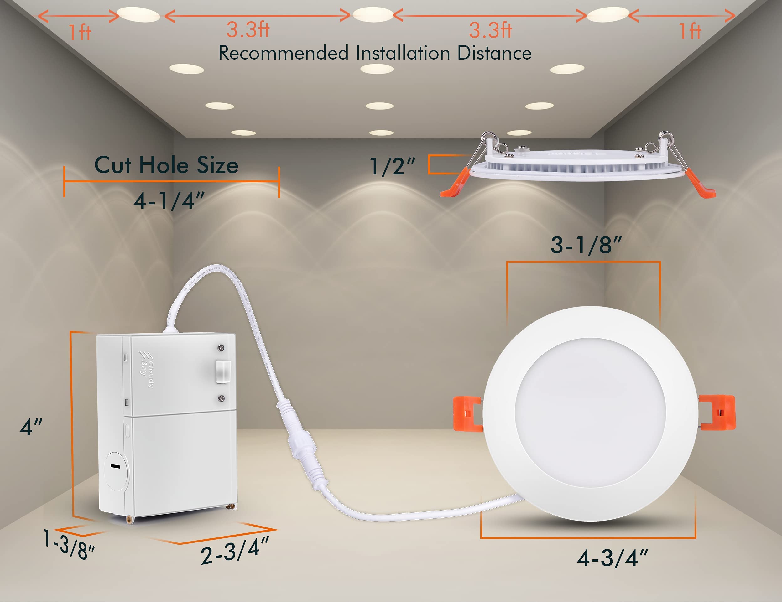 CLOUDY BAY 4 Inch Ultra-Thin LED Recessed Ceiling Light, 5CCT Dimmable, 10W, 650LM, White, Model LJD004WH5