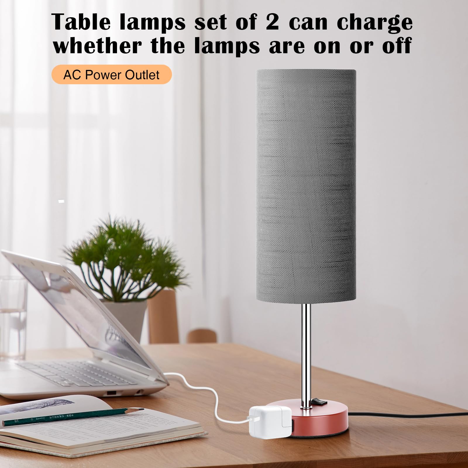 Zjojo Table Lamp For Bedroom 2 Pack,18In Bedside Lamps With 3 Way Dimmable Rocker Switch & Ac Outlet,Nightstand Desk Lamp With G