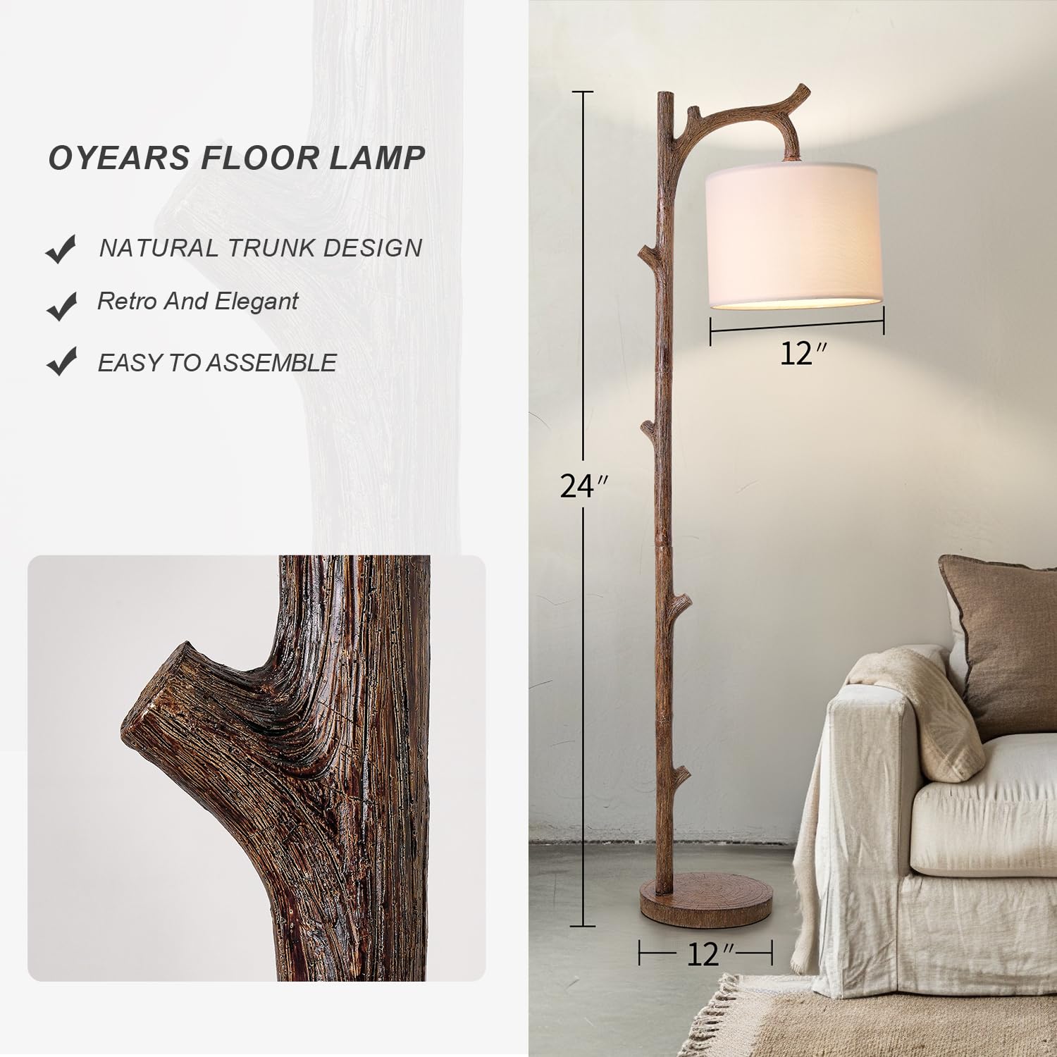 OYEARS Retro Farmhouse Floor Lamp - Rustic Tree Trunk Design, Brown, Resin, Model AMZ-F1159WC-OY