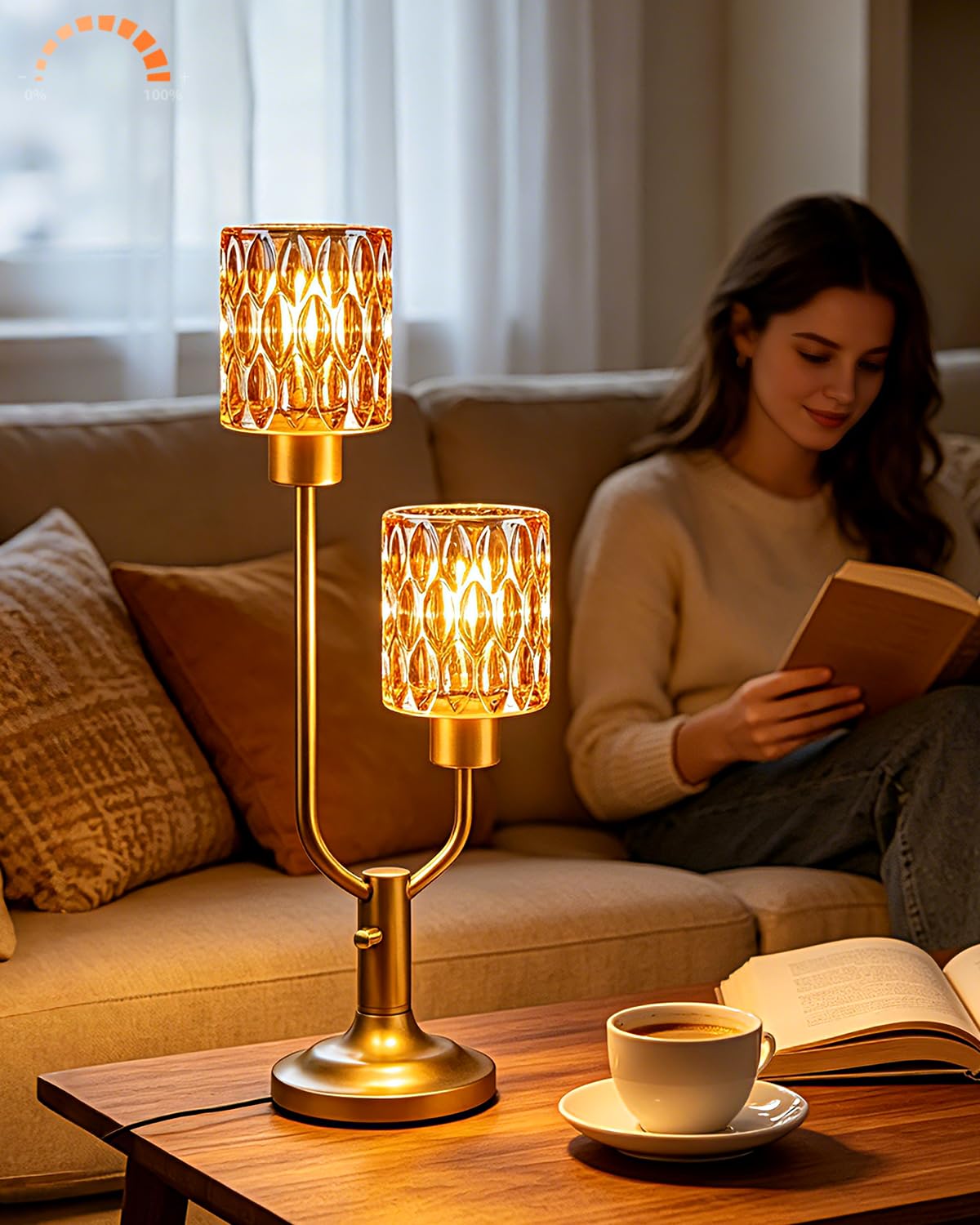 Lightdot Mid Century Modern Glass Table Lamp Dimmable 2-Light Gold Desk Lamp with Brown Glass Shade& Bulb Included 3000K Warmwhite Nightstand Lamp for Living Room Bedroom Bedside