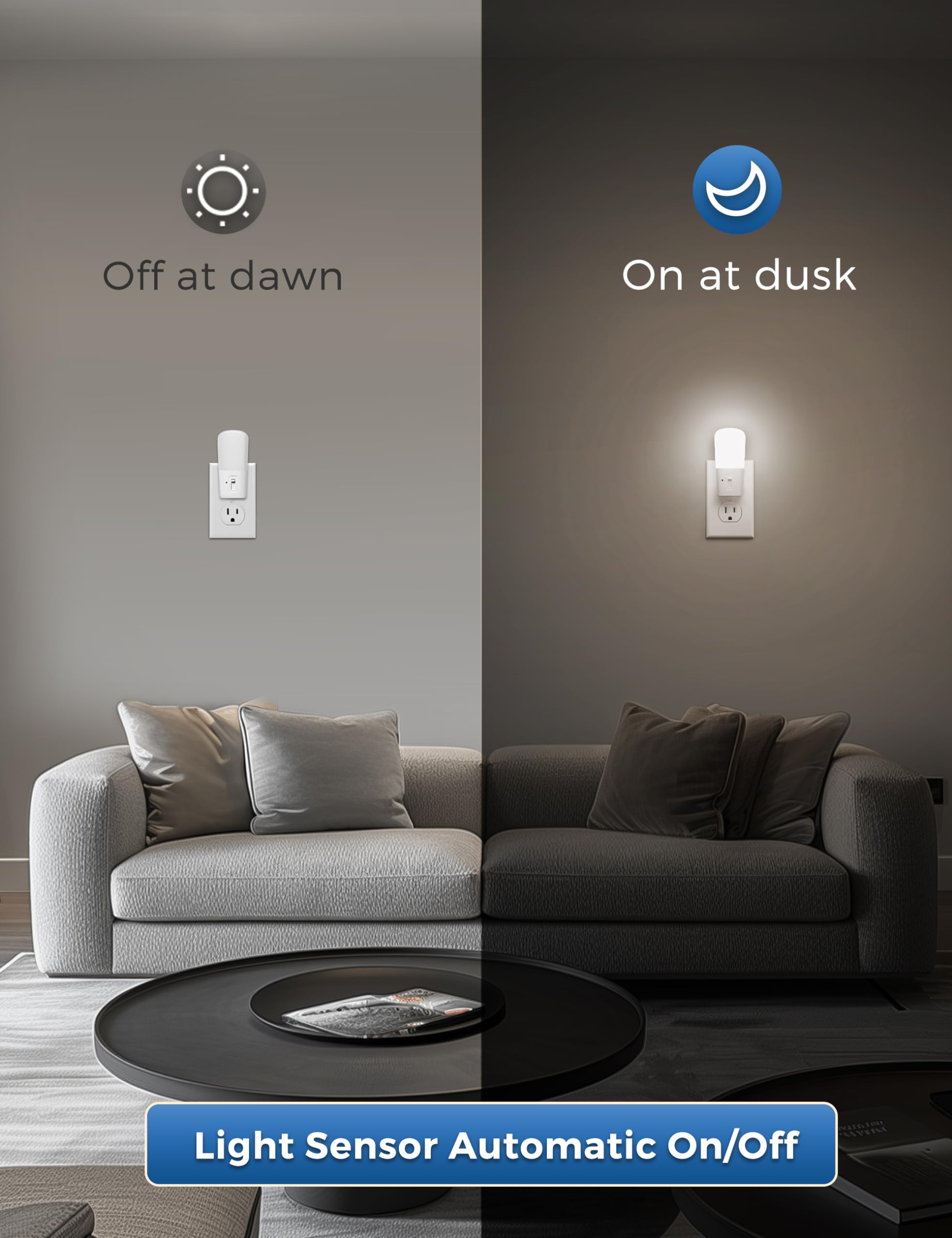 LOHAS LED Night Light 2 Pack, Dimmable with Dusk to Dawn Sensor, Daylight 5000K, Adjustable Brightness, Mini Wall Light, White