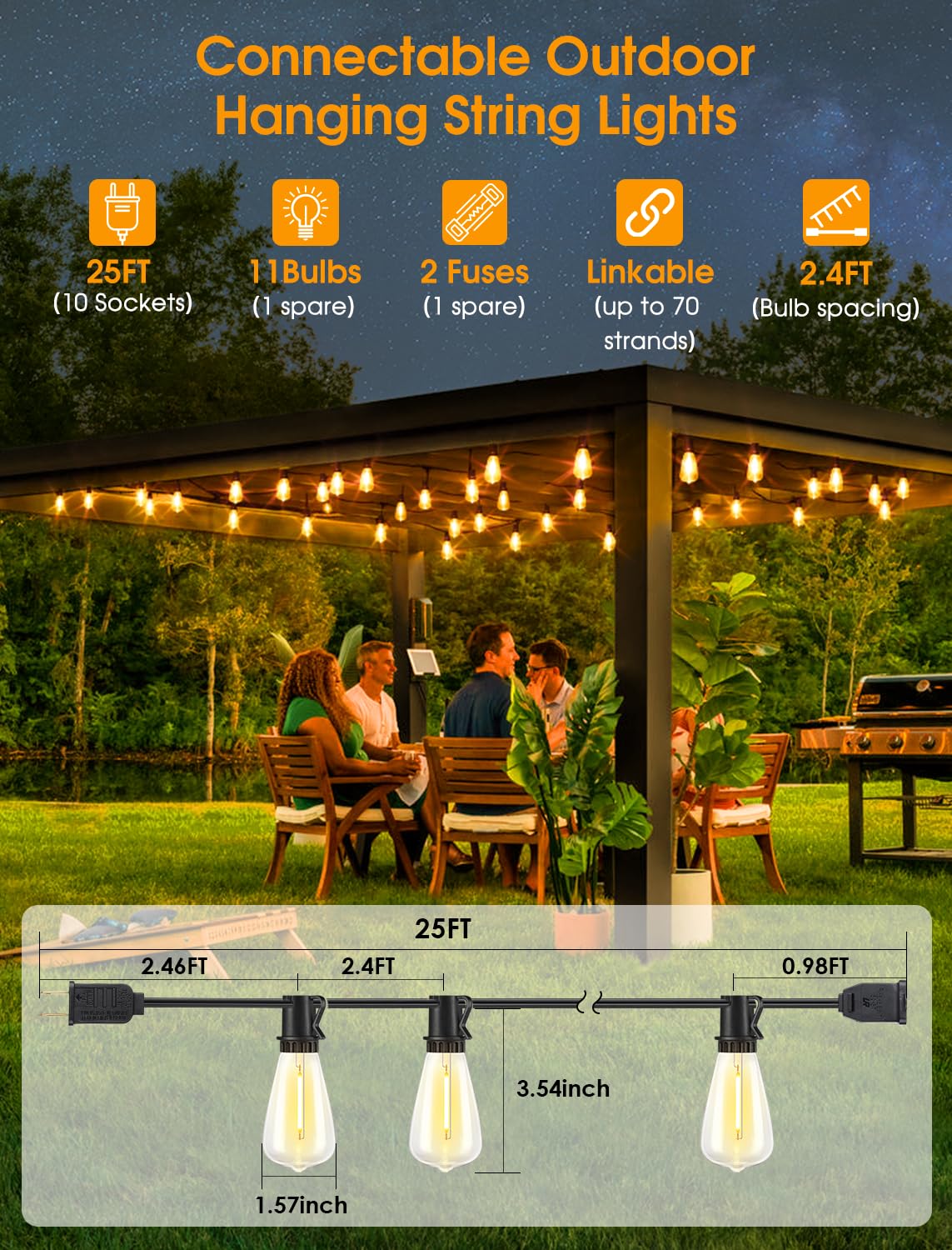 Larkvue 25Ft Outdoor String Lights, Patio Lights With 10+1 Led Dimmable Waterproof Shatterproof St38 Retro Edison 2700K Bulbs Fo