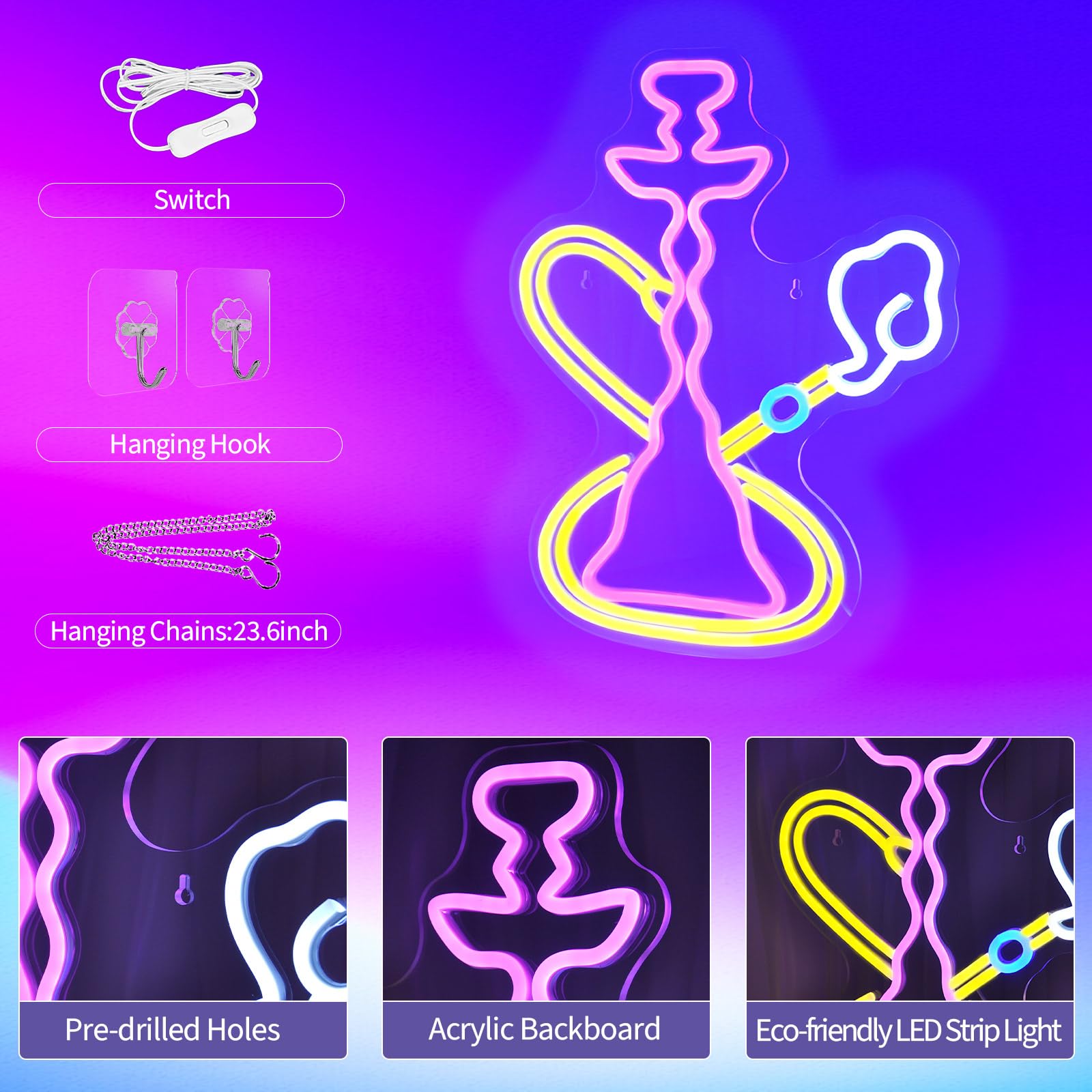 JEDAEMEN Pink Neon Wall Sign - Yellow LED Light for Room Decor, USB Powered, Hookah Style, Ideal for Birthday Party Decorations