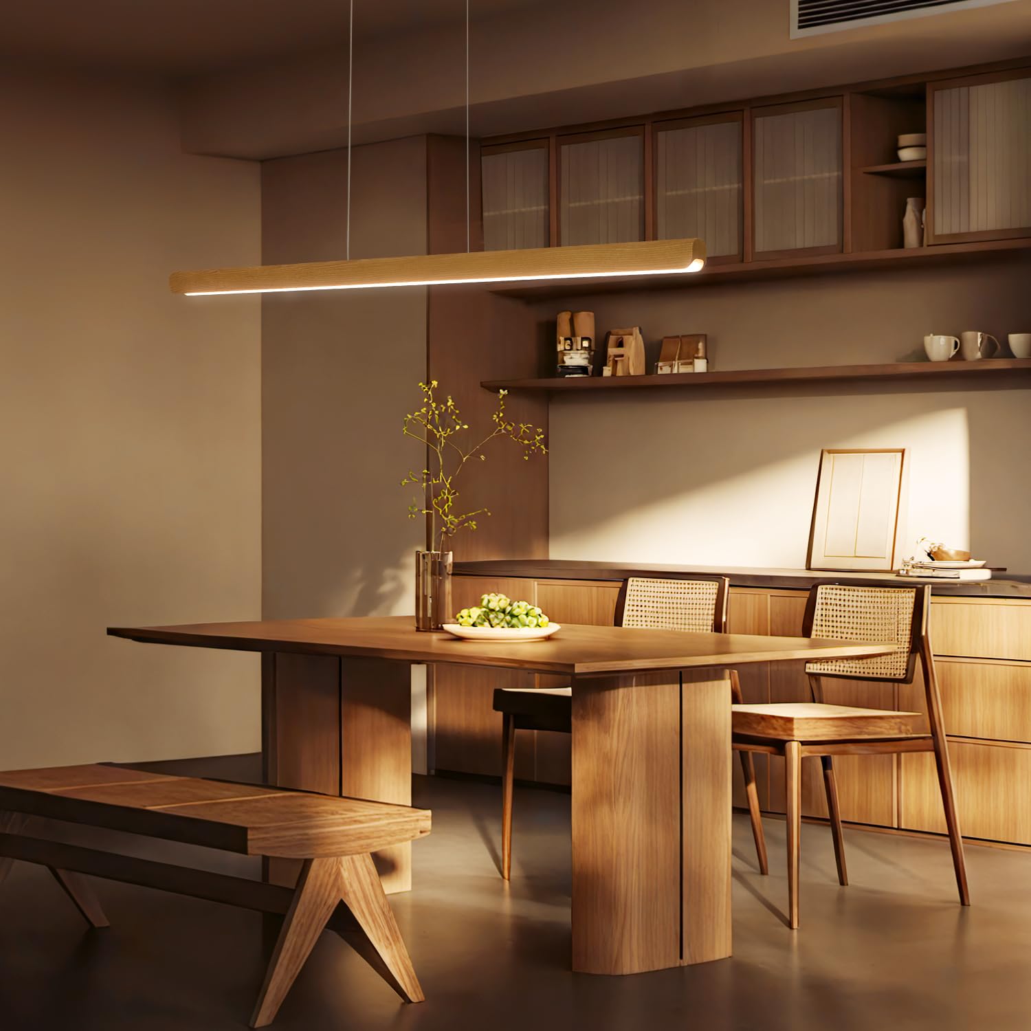 Yisdesign 31-Inch Led Linear Pendant Light  Dimmable Wood Ceiling Lamp Minimalist Linear Chandelier  19W Warm Light 3000K  Modern Kitchen Island Dining Room Lighting Natural