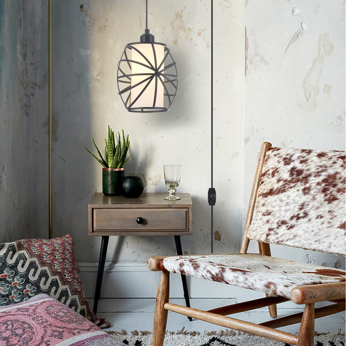 YLONG-ZS Hanging Lights with Plug in Cord, Dimmerable Glass Pendant Lamp, Black, Model YL26B