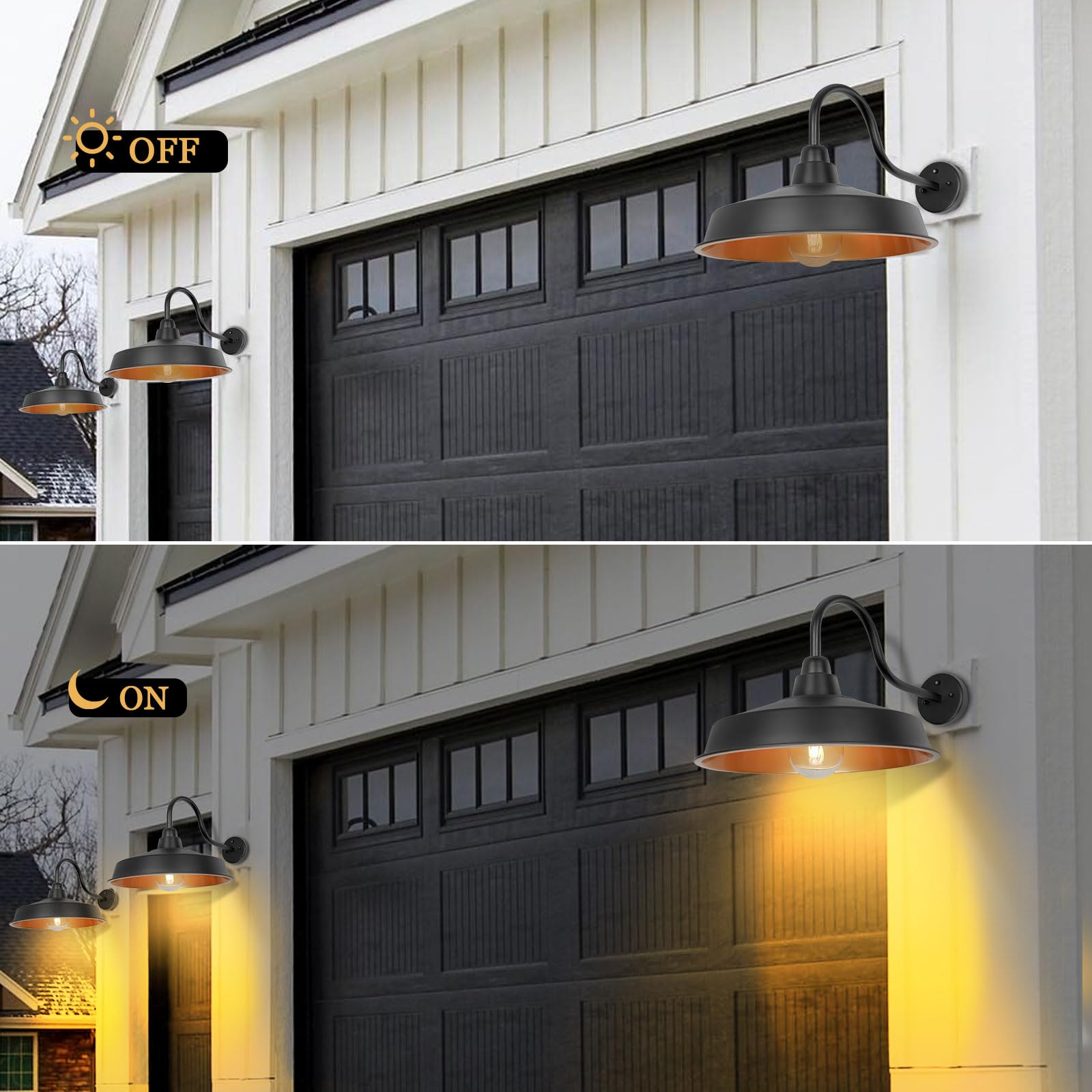 Diyel Gooseneck Barn Light - 16" Outdoor Wall Sconce, Dusk to Dawn, Black & Gold, 2 Pack, Model DDRZ020 GD-2PACK