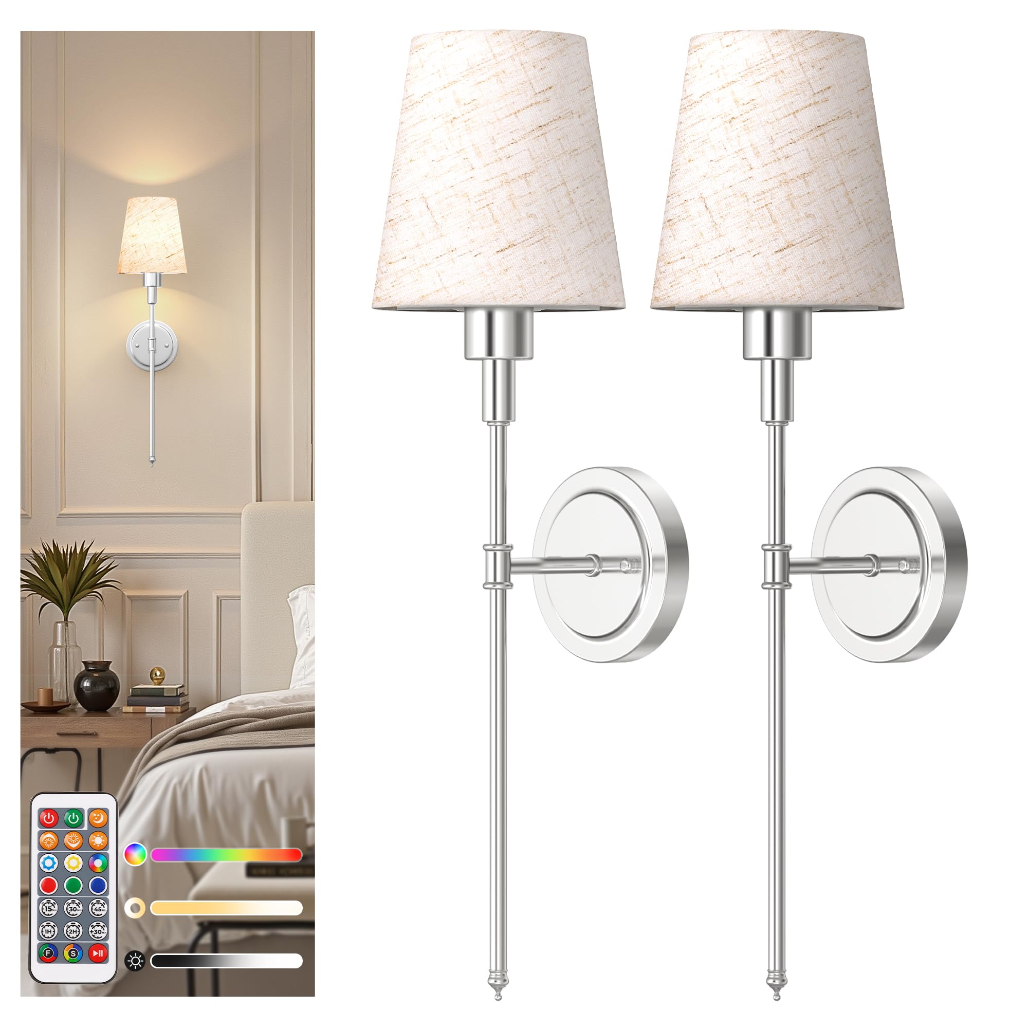 DORESshop Battery Operated Wall Sconce Set of 2, Chrome and Linen, 24.6 Inch, Wireless Easy Install, Wall Decor for Bedroom and Living Room