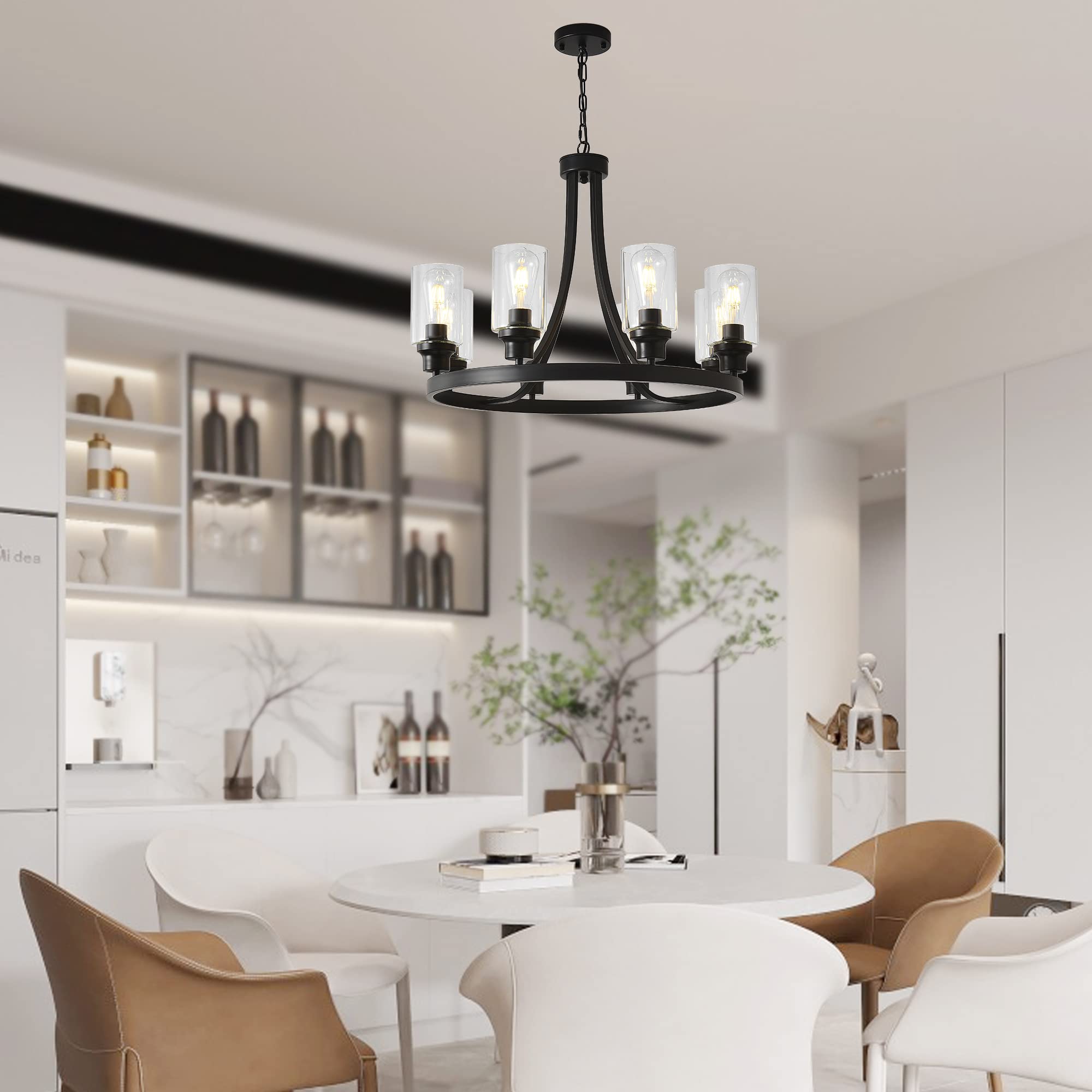 Sivilynus Black Chandelier 8 Lights, Kitchen Island Lighting Industrial Chandelier With Clear Glass Shade, Farmhouse Pendant Lig