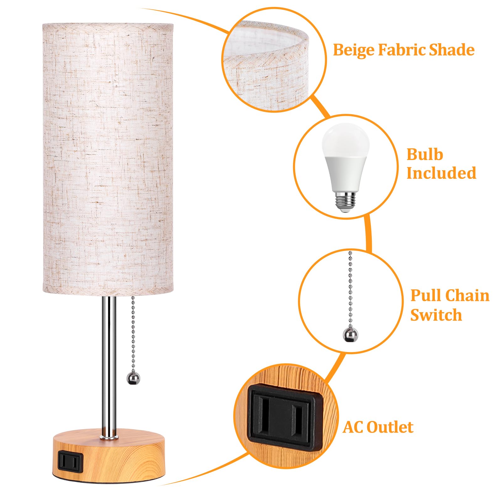 Dott Arts Table Lamp For Bedroom  3-Color Bedside Lamps With Pull Chain  Bedroom Table Lamps For Nightstand Ac Outlet Small Lamp For Living Room  Bulb Included Oatmeal