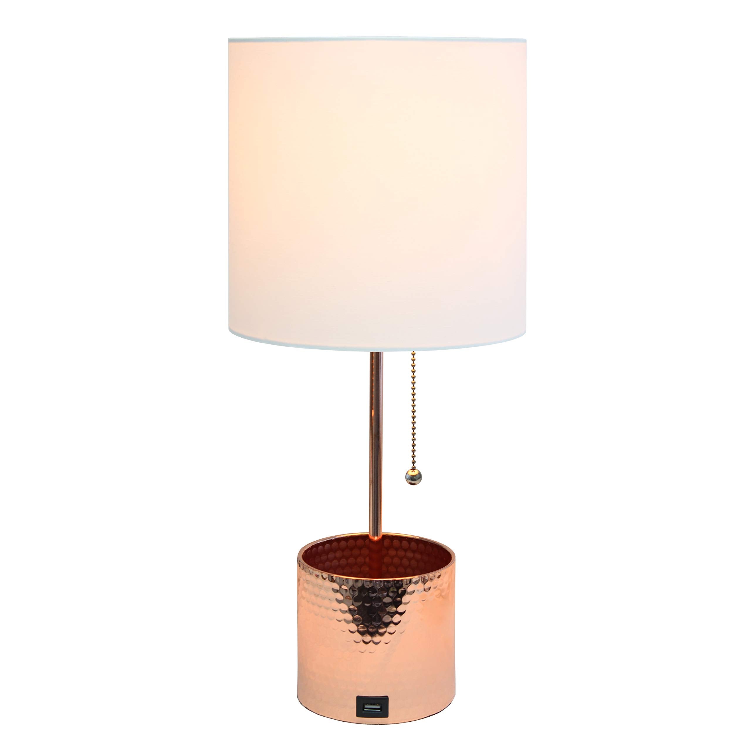 Simple Designs Lt1085-Rgd Hammered Metal Organizer Table Lamp With Usb Charging Port And Fabric Shade, Rose Gold