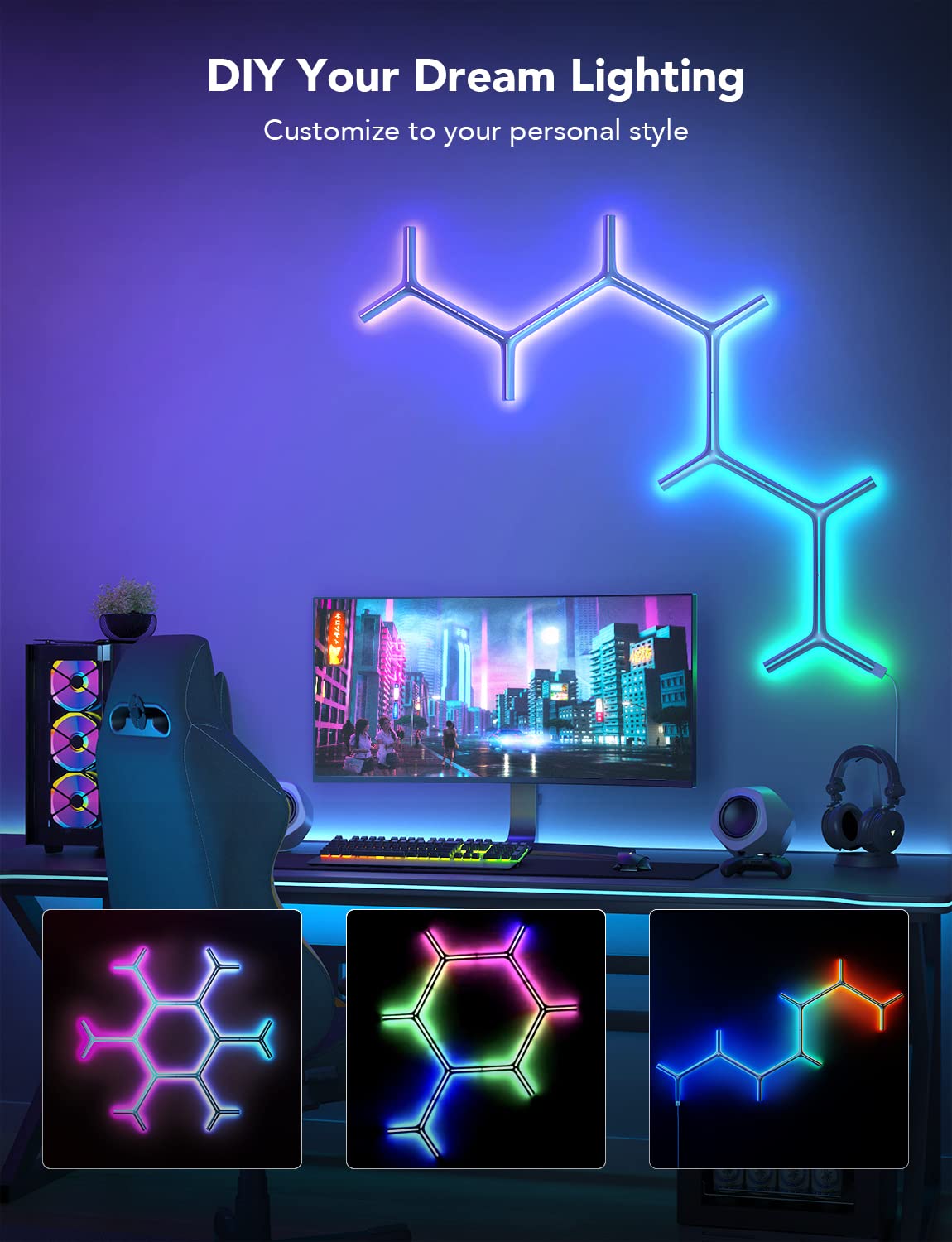 Govee Glide Y Lights - RGBIC LED Gaming Wall Lights, 7 Pack, Smart Wi-Fi, Music Sync, Silver, Model H6065