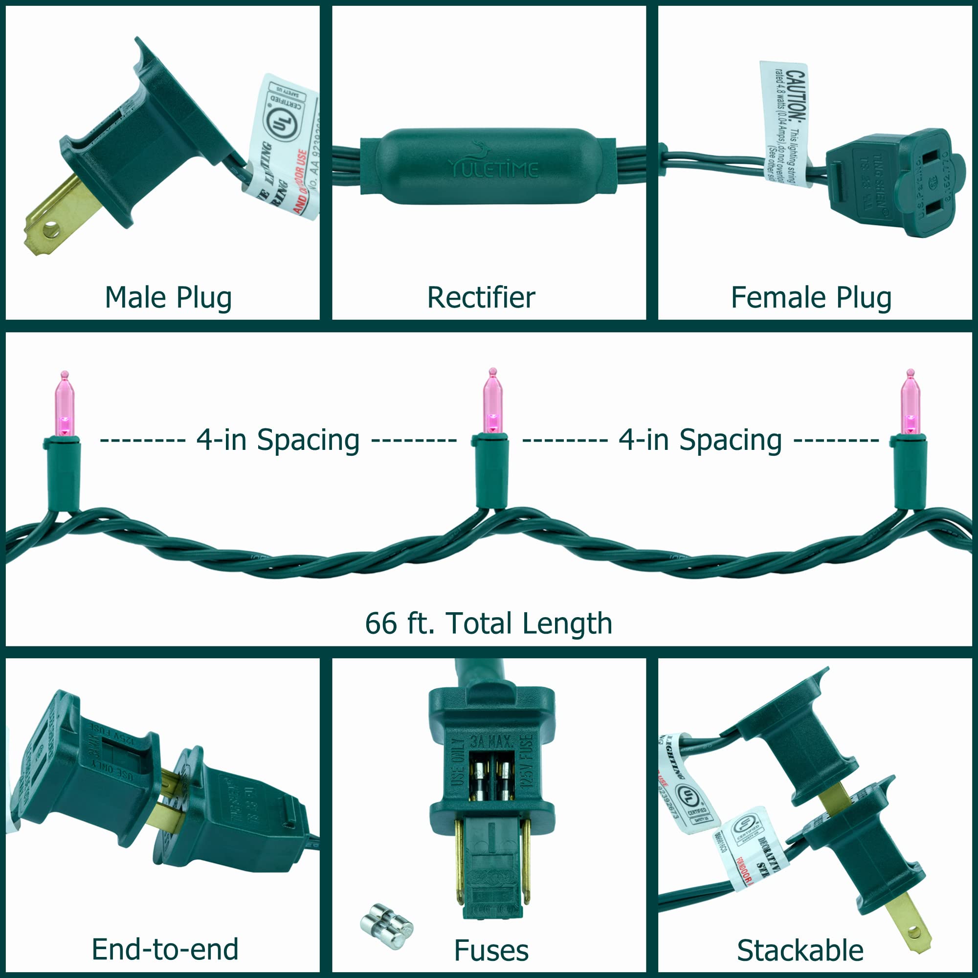 Yuletime 200 Count Pink Led Christmas Lights, 66Ft Green Wire, Ul Certified, Commercial Grade Holiday String Light Set