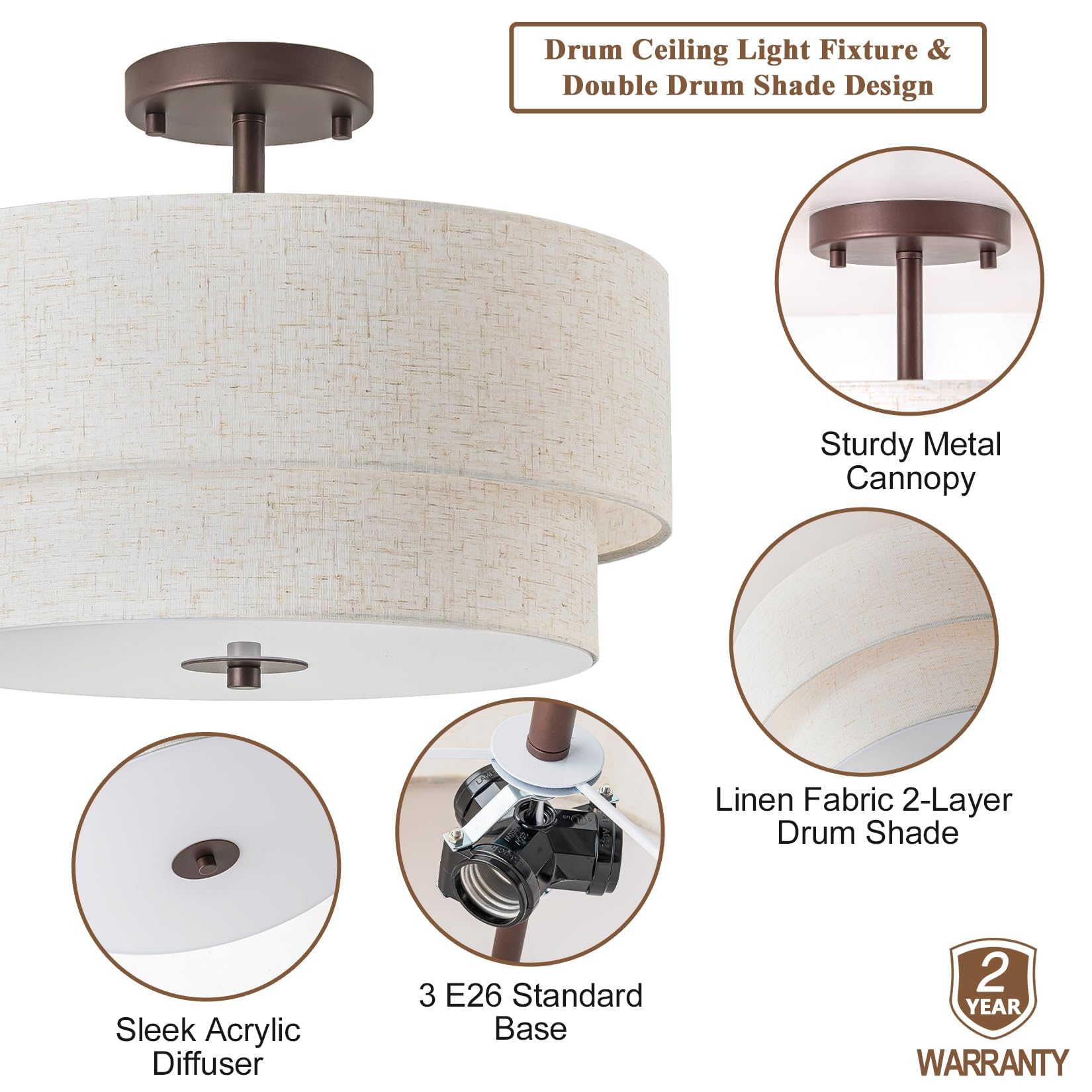 Bargeni 16'' Semi Flush Mount Ceiling Light, 3-Light Drum Ceiling Light Fixture, Oil Rubbed Bronze With Double Linen Fabric Shad