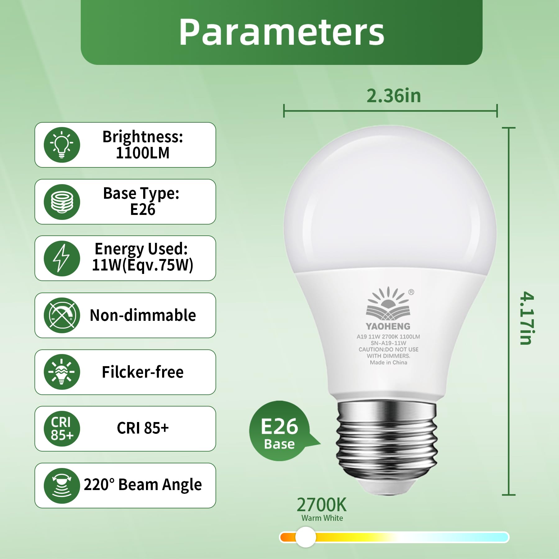 YAOHENG A19 LED Light Bulb 75W Equivalent, 11W, 1100 Lumens, Non-Dimmable, E26 Base, 2700K Warm White,