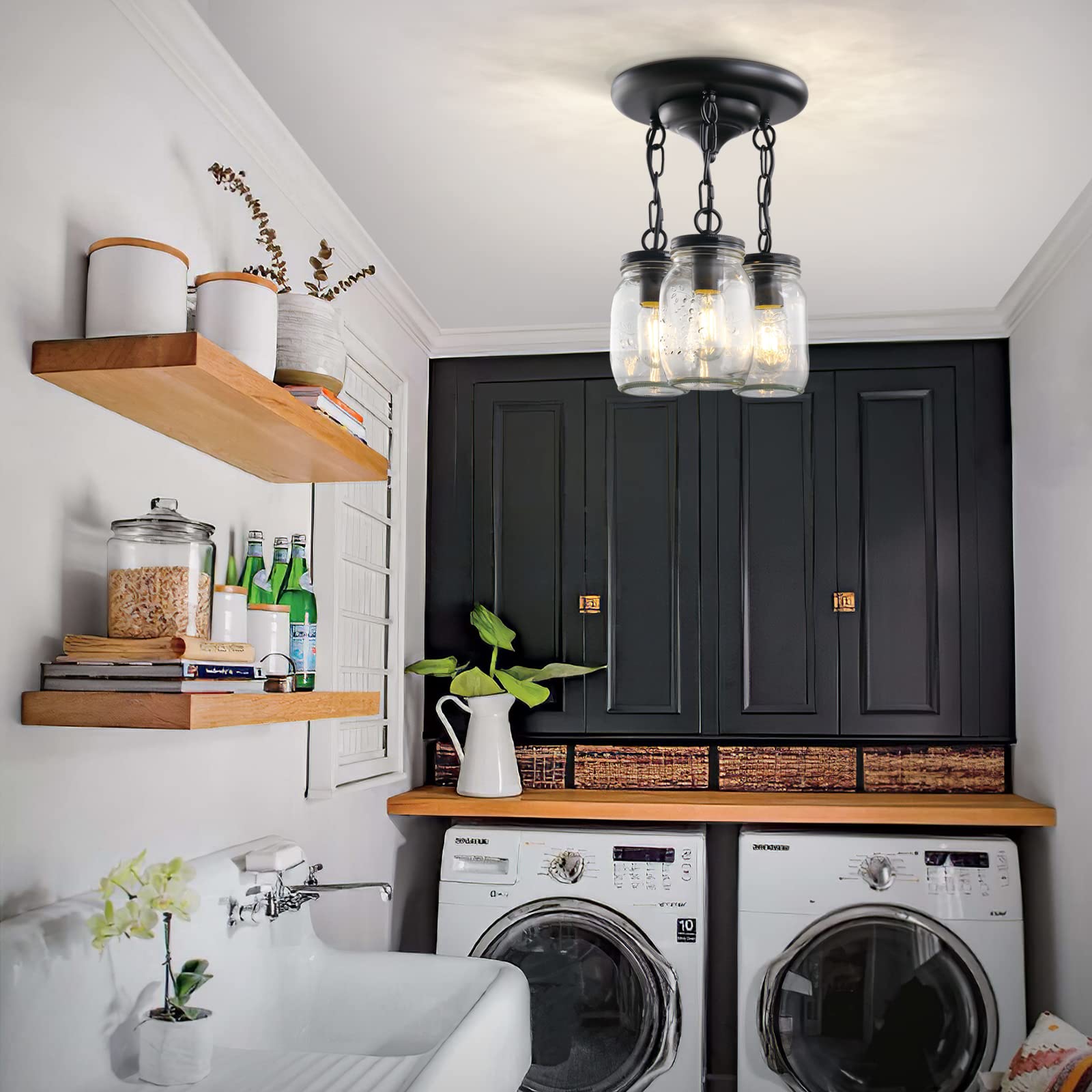 UShe DHome Black Pendant Light, 3-Light Clear Glass Mason Jar Fixture, Model AY-0836-3C-BK, Ideal for Kitchen, Dining Room, Hallway
