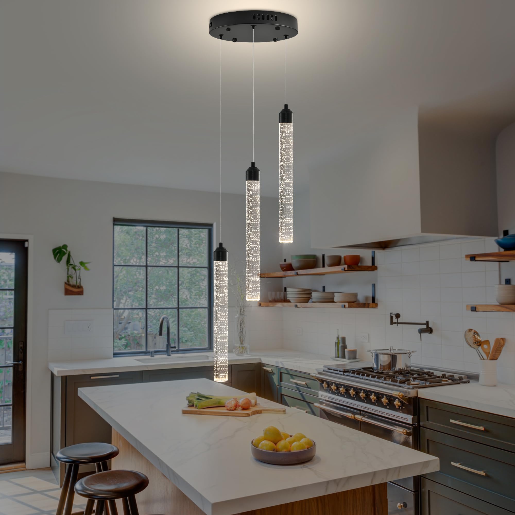 Ywuechwu 3-Light Modern Dimmable Led Crystal Chandelier - Black Mini Pendant Lighting With Spiral Raindrop/Bubble Cluster Pendant For Kitchen Island  Dining Room  Living Room  Foyer