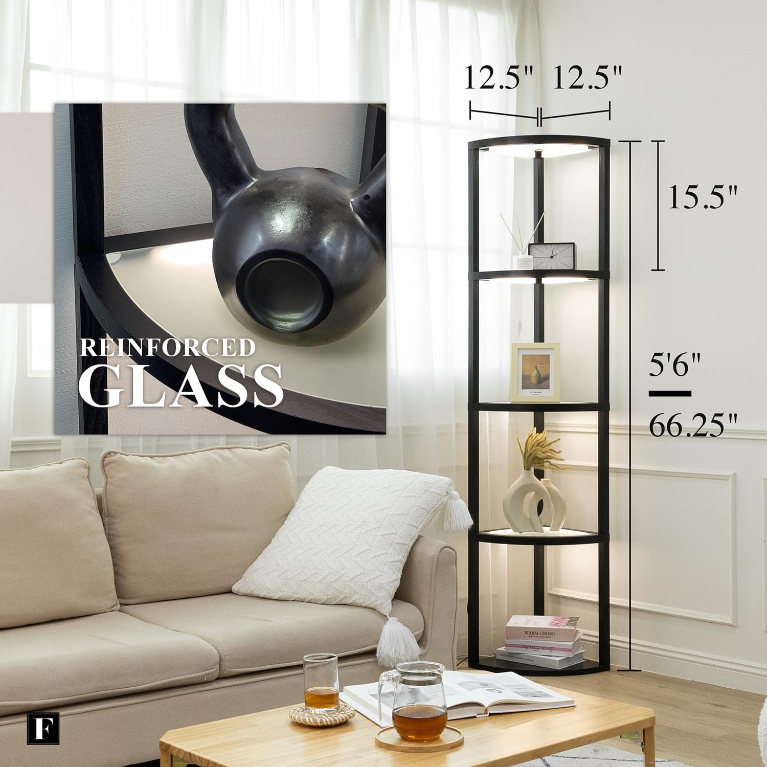 Fenlo Corner Floor Lamp With Shelves, Dimmable Led Corner Shelf With Lights, Standing Lamp For Living Room, Shelf Lamp With Full