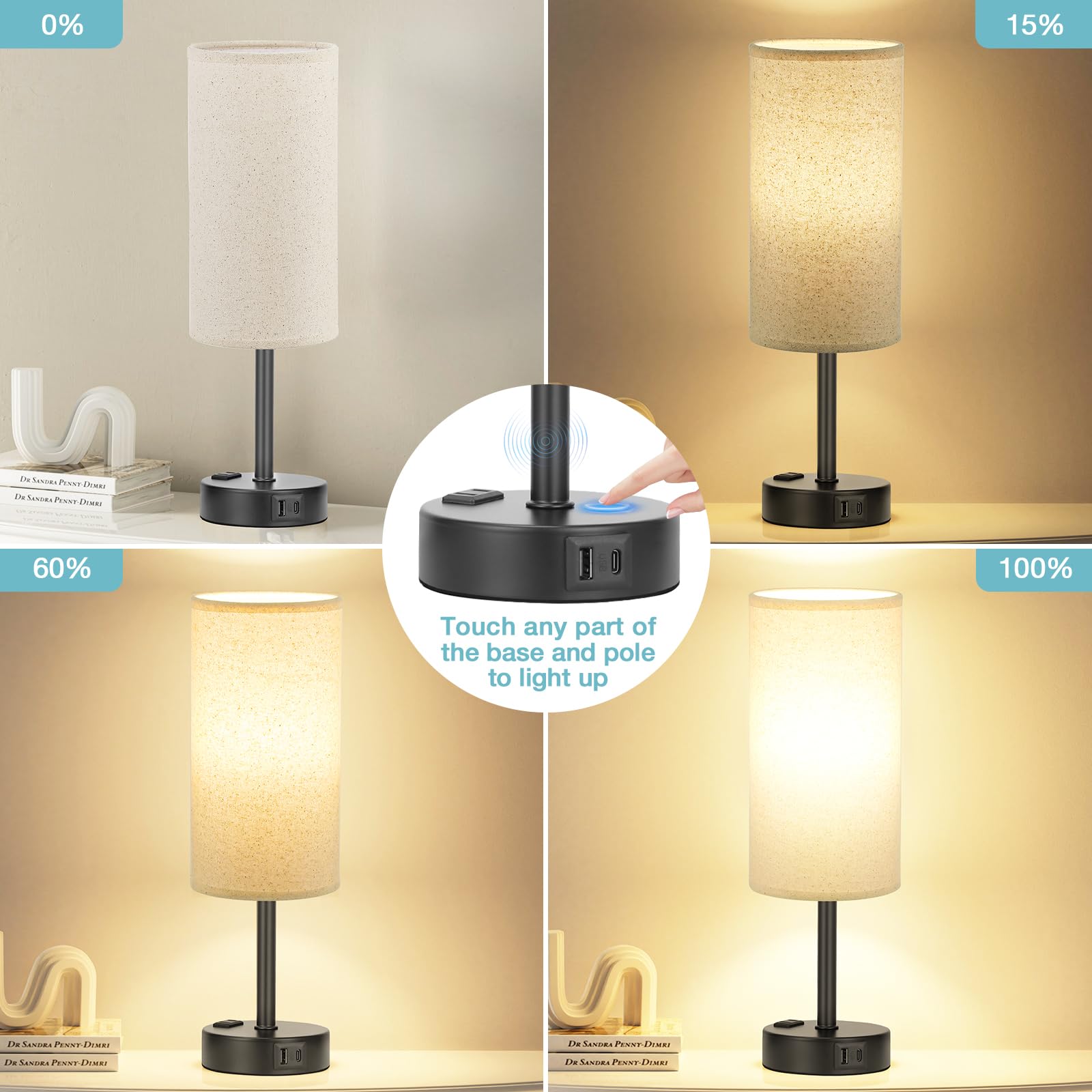 Fenmzee Grey Bedside Table Lamp For Bedroom - 3 Way Dimmable Touch Lamp Usb C Charging Ports And Ac Outlet, Small Lamp For Livin