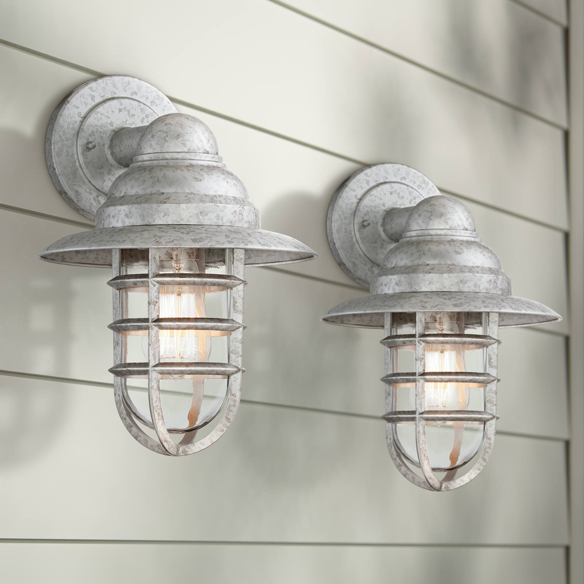 John Timberland Outdoor Wall Light Fixture Set of 2, Hooded Cage, Galvanized Metal, Clear Glass Shade, Silver, Model 886305419316