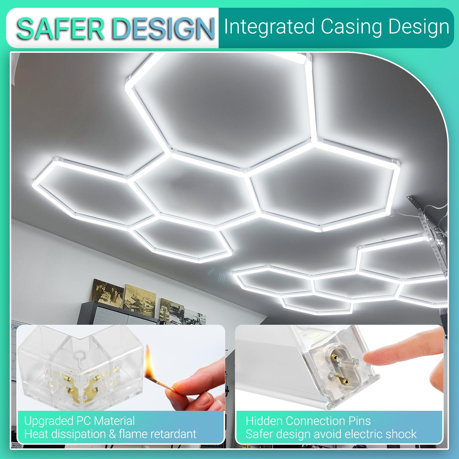 Litezone Hexagon Garage Lights, 15 Grids Led Garage Hexagon Lights With Rectangle Frame, 6500K Super Bright Honeycomb Lights Cei
