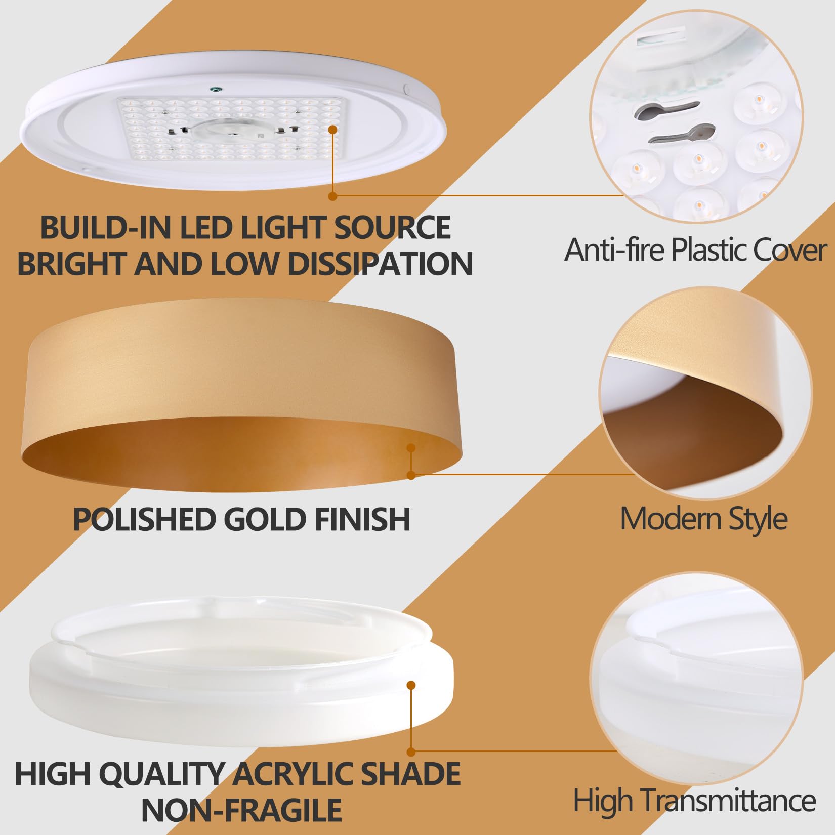 Bargeni Flush Mount Ceiling Light, 16.5 Inch Led Ceiling Light Fixture, Polished Gold Finish, Dimmable/3000K/18W, Outdoor Flush