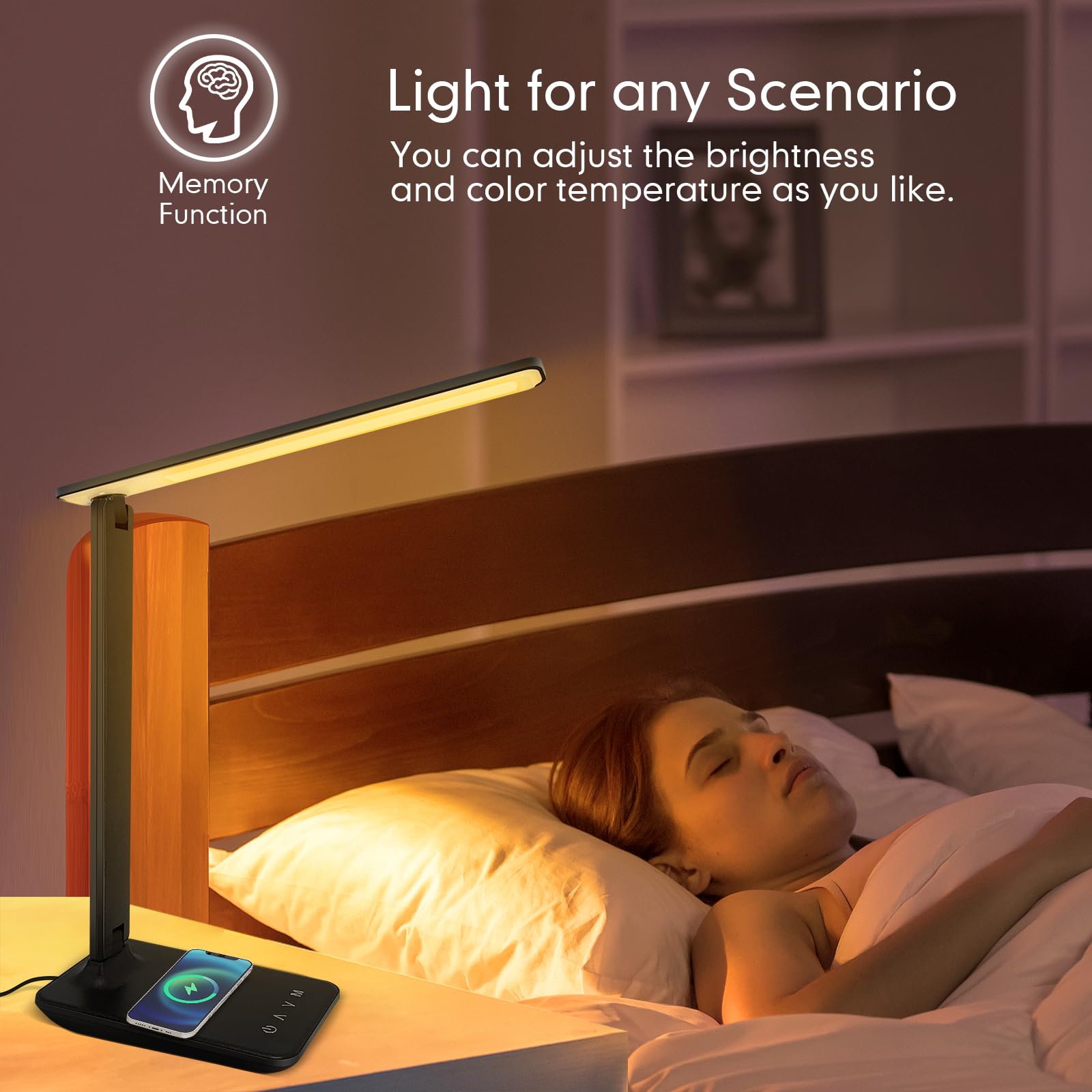 White crown LED Desk Lamp with 15W Wireless Charger, USB Port, Dimmable, Touch Control, Foldable, Pro Size, Black, Model QM019