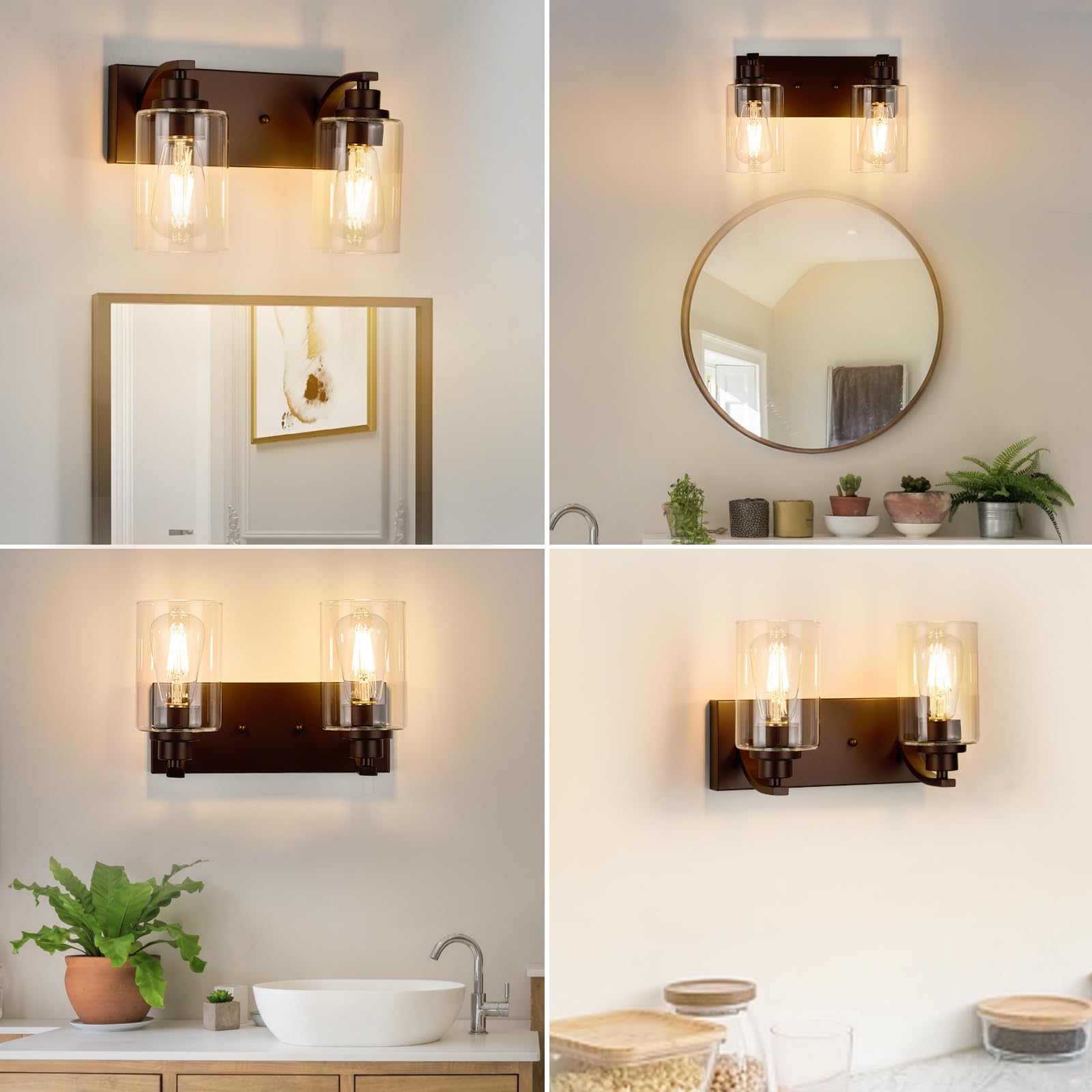 ALAISLYC 2-Light Bathroom Vanity Light Fixtures, Modern Bronze Metal, Clear Glass Shade, Model JF116, Ideal for Mirror and Hallway