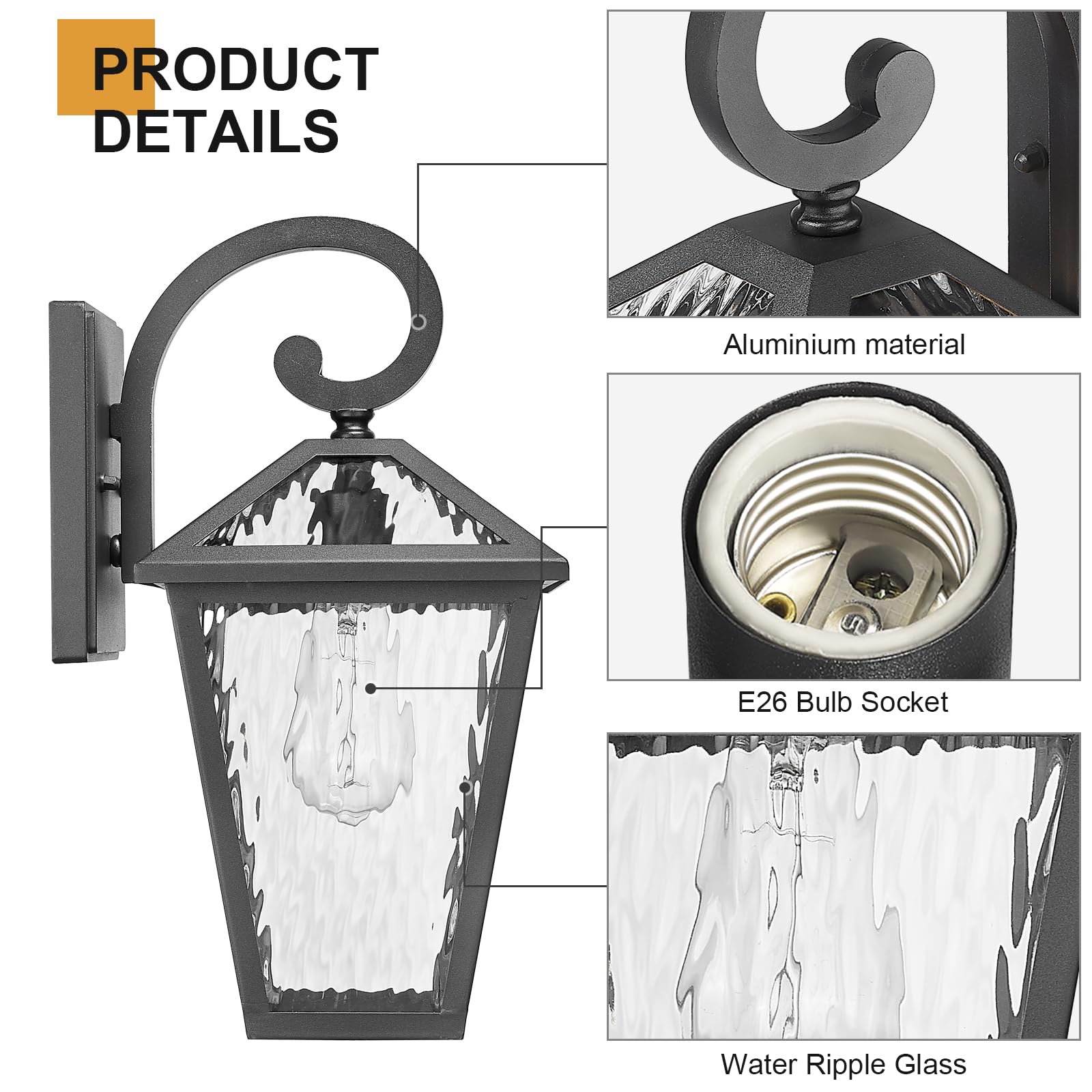 Luminzone Outdoor Wall Lantern, Waterproof Aluminum Sconce, Matte Black, Medium Size, Model 7H1B-M WH, Perfect for Porch & Patio