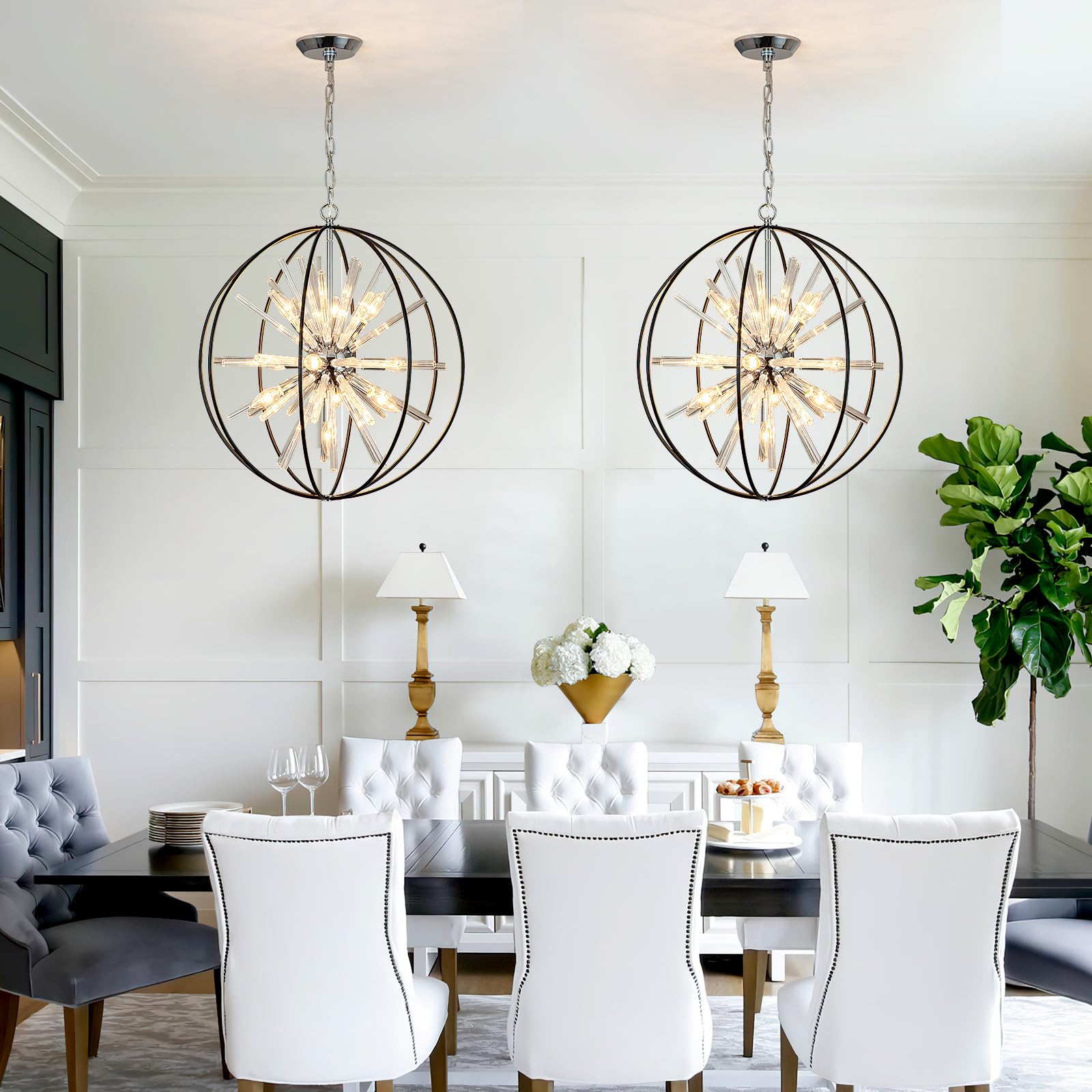 Vezzio 10-Light Modern Sputnik Chandelier D22" Black & Chrome Pendant Light for Dining Room, Living Room, Entryway, Model ZJ-045
