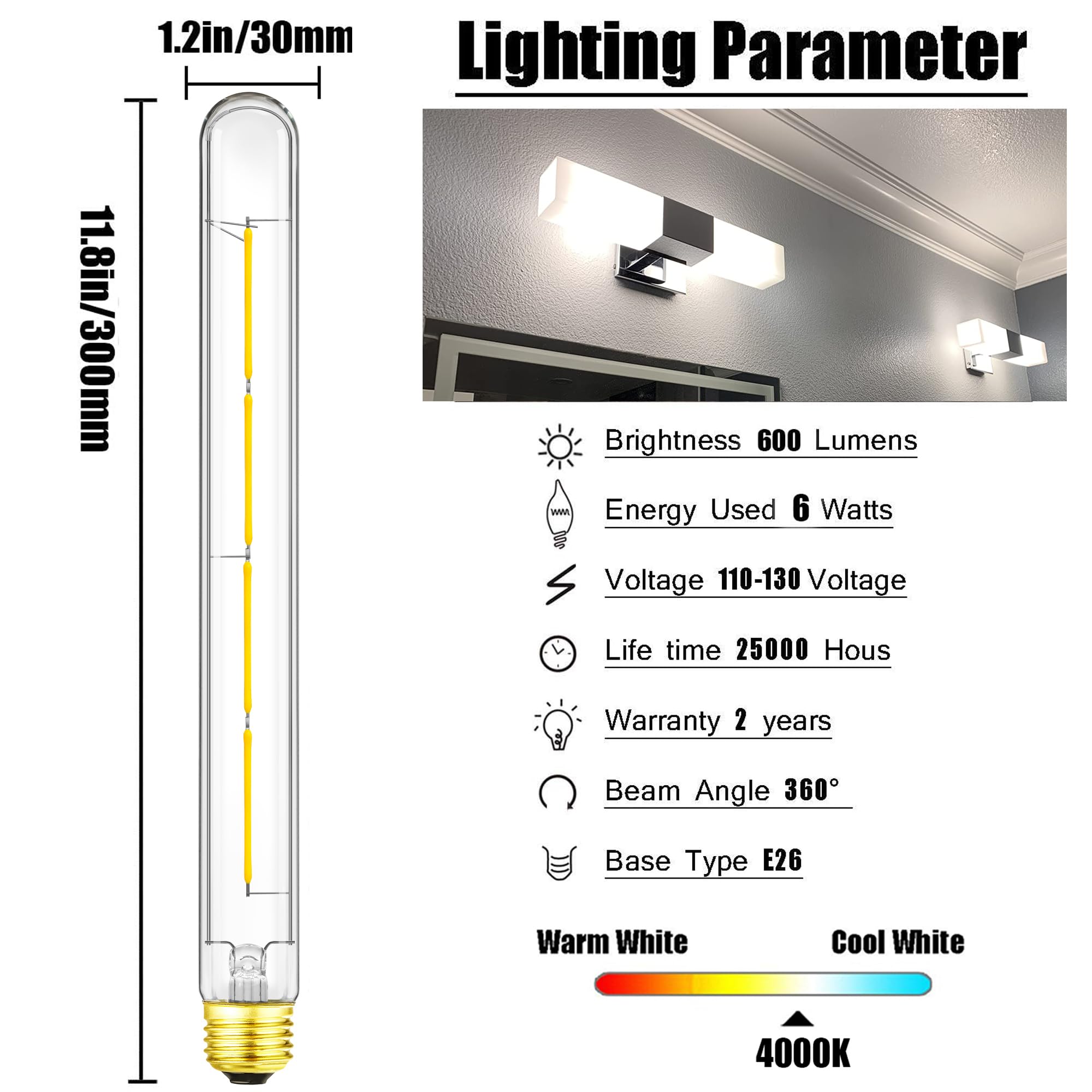 XININSUN T300 LED Bulb, 11.8 Inch Tubular Light, Dimmable, Clear Glass, E26 10W, 100W Equivalent, 1000lm