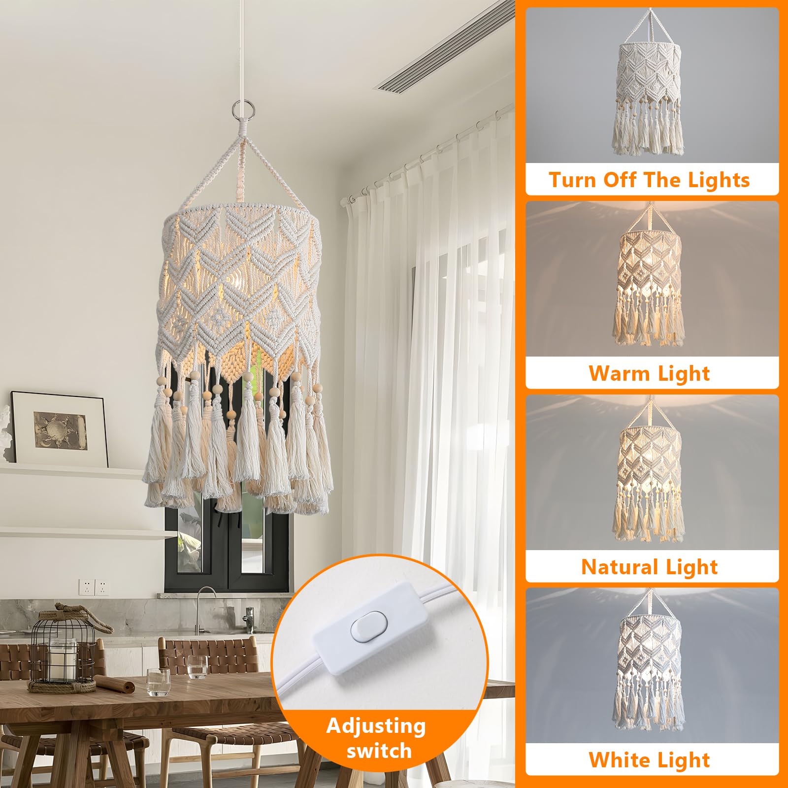Bioaqua Macrame Pendant Light Shade, Handmade Cotton Hanging Lamp, Boho Style, Type1, Model Lamp Shade-1