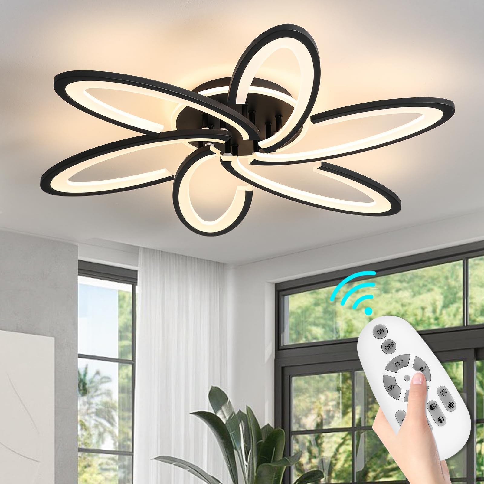 Seable Modern Led Ceiling Light, 6+1 Rings 93W Dimmable Ceiling Light Fixtures 29.5'' 3000K-6500K Flush Mount Black Flower Ceili