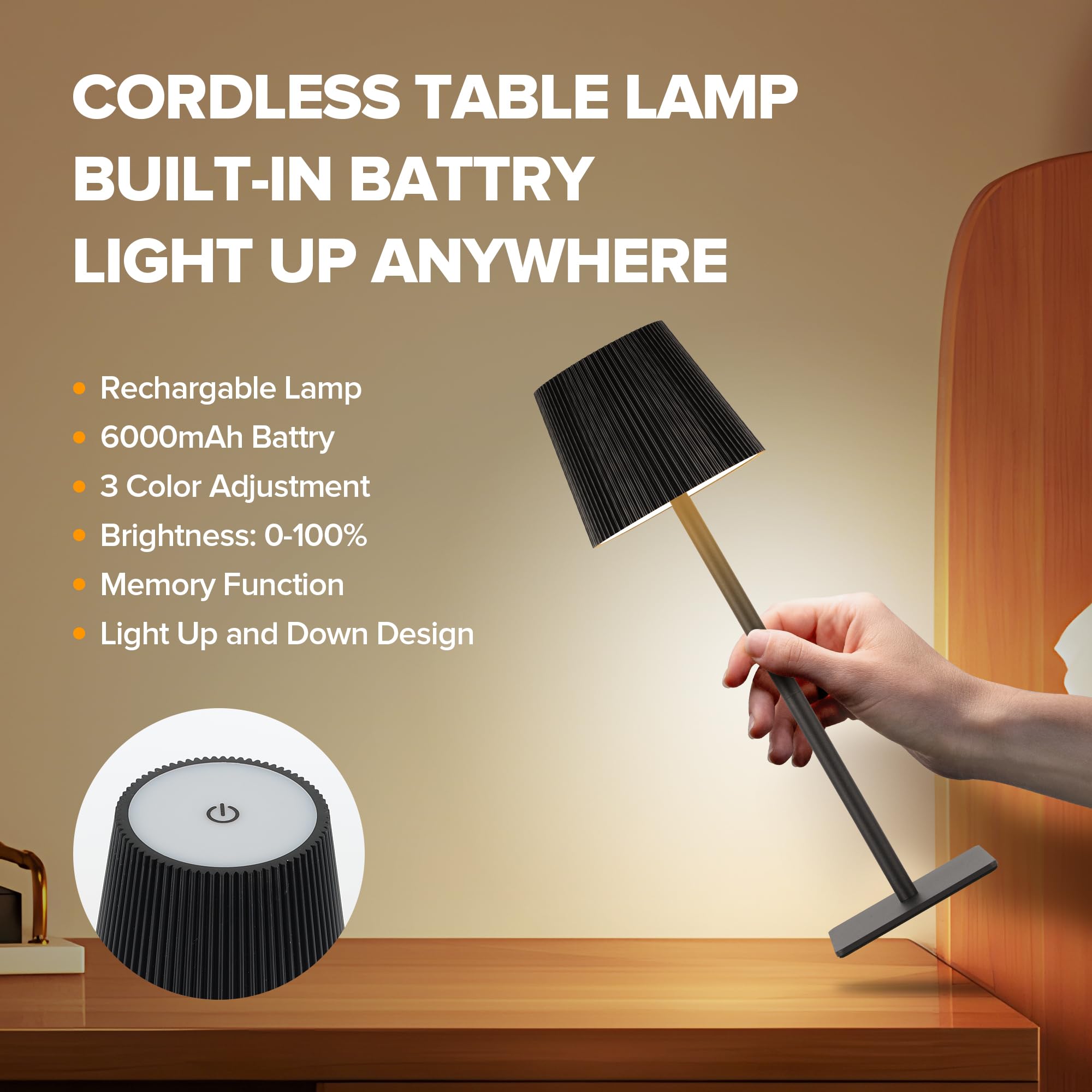 LUTEC Cordless Table Lamp, 6000mAh Rechargeable, Waterproof, Touch Control, 14.57inch, Black, Model 850330-2pcs