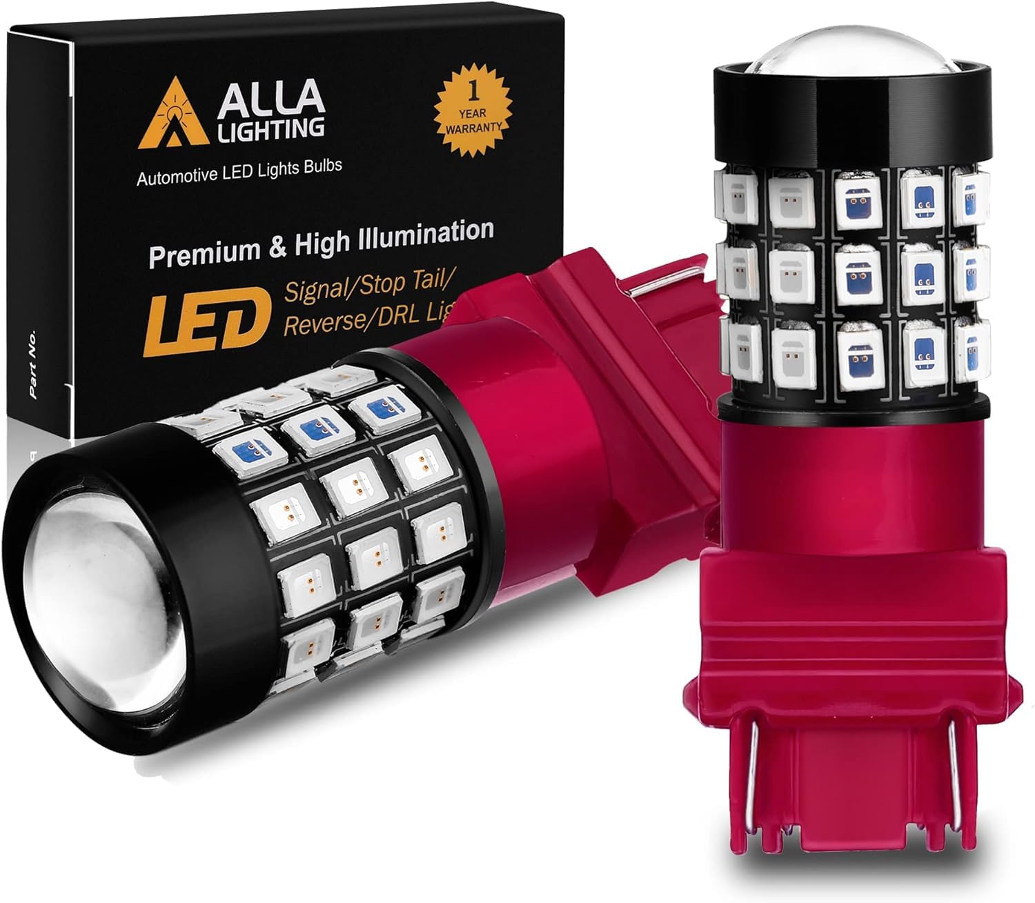 Alla Lighting T25 LED Strobe Brake Light Bulbs, 3156 3157, Super Bright Pure Red, Model Alla-STR-2835-3157-39R-Red-LED